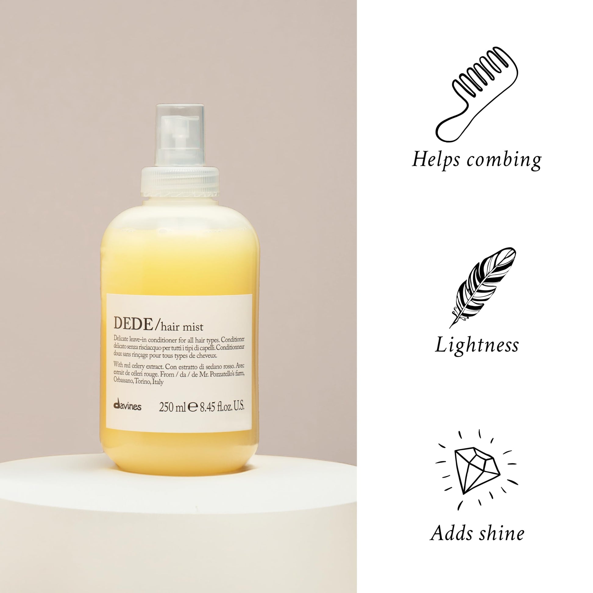 White Smoke Davines DEDE Hair Mist, Lightweight Leave-In Milk Conditioner for All Hair Types - Frequent Use Spray to Detangle, Moisturize, and Remineralize with Red Celery Extract, Weightless, 8.45 Fl Oz