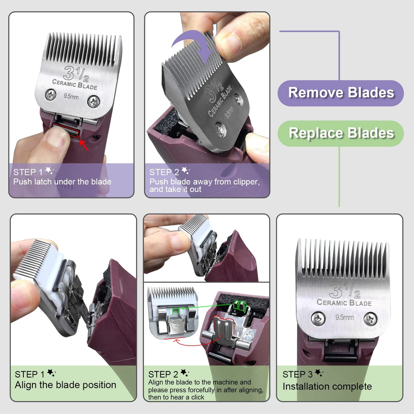 White Smoke 2 Packs Professional Detachable Replacement Ceramic Blades Size 1-1/2,Cut Length 5/32-Inch 4mm,compatible with Andis AGC,BDC,BGC,MBG Series/oster Classic 76/Star-Teq/Power-Teq/A5 Clipper