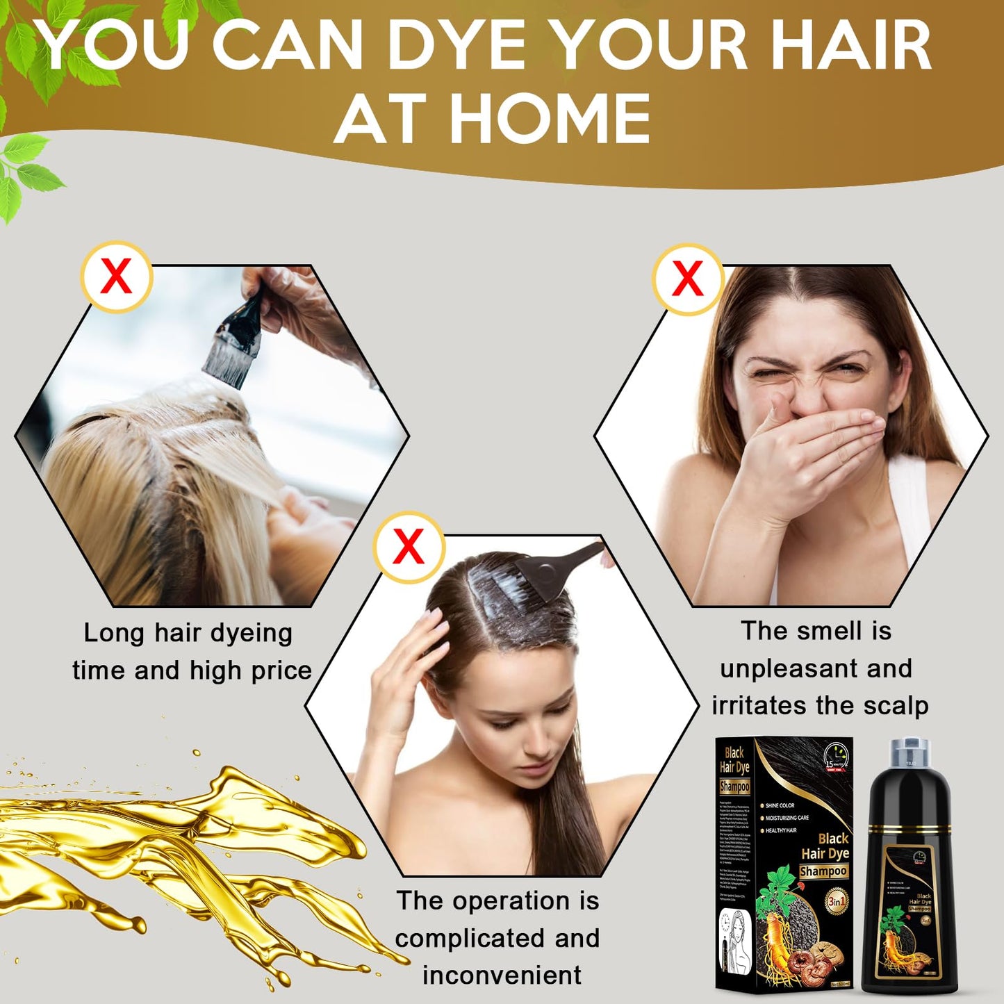 Light Gray Hair Dye Shampoo for Gray Hair, 3 in 1 Herbal Dye for Women Men, Hair Color Shampoo 500ml (Black)