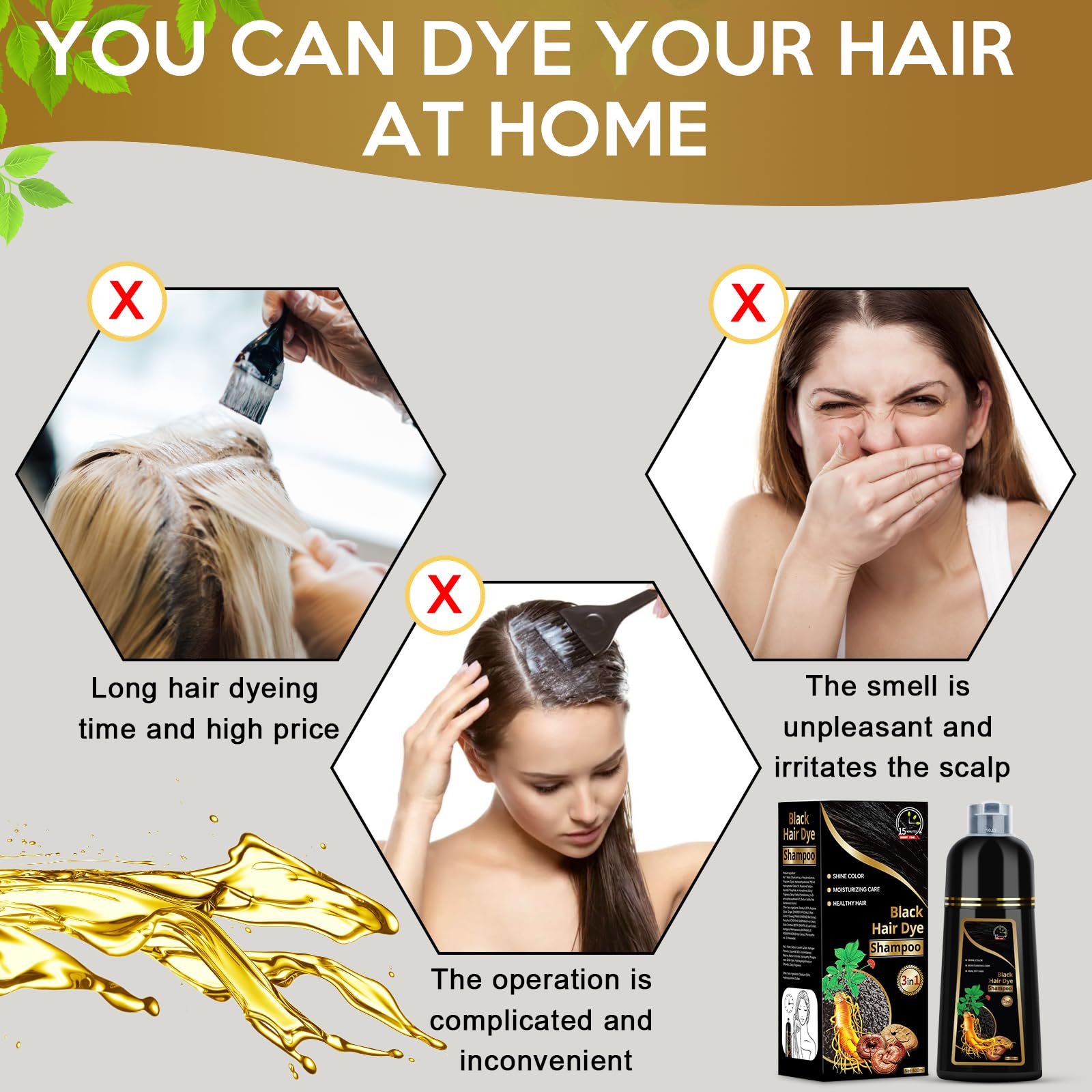 Light Gray Hair Dye Shampoo for Gray Hair, 3 in 1 Herbal Dye for Women Men, Hair Color Shampoo 500ml (Black)