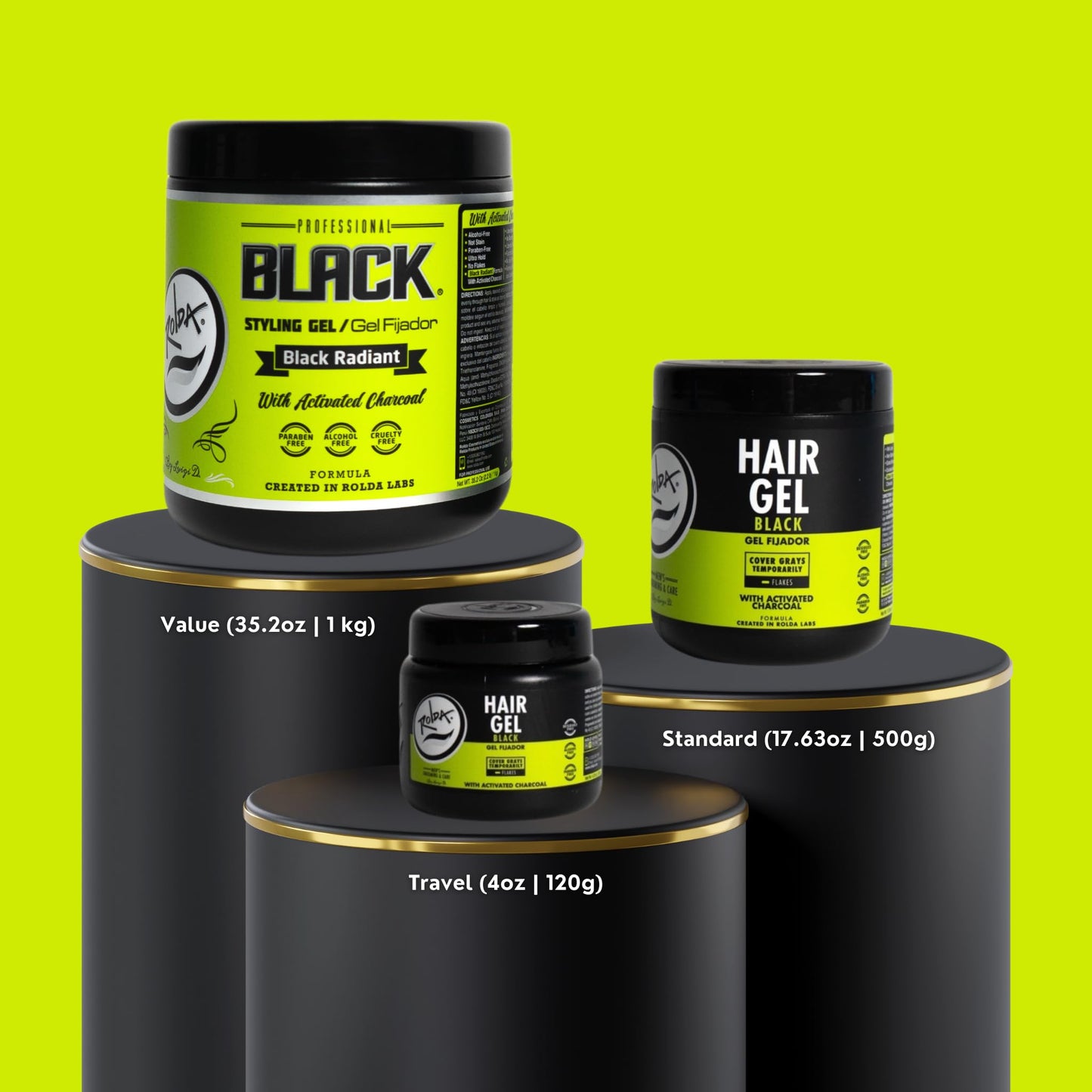 Green Yellow Rolda Black Hair Gel for Men - Medium Hold Styling Gel with Activated Charcoal for Wet Look - Covers Grays & Enhances Black Hair - Flake + Alcohol Free (8.81 oz)