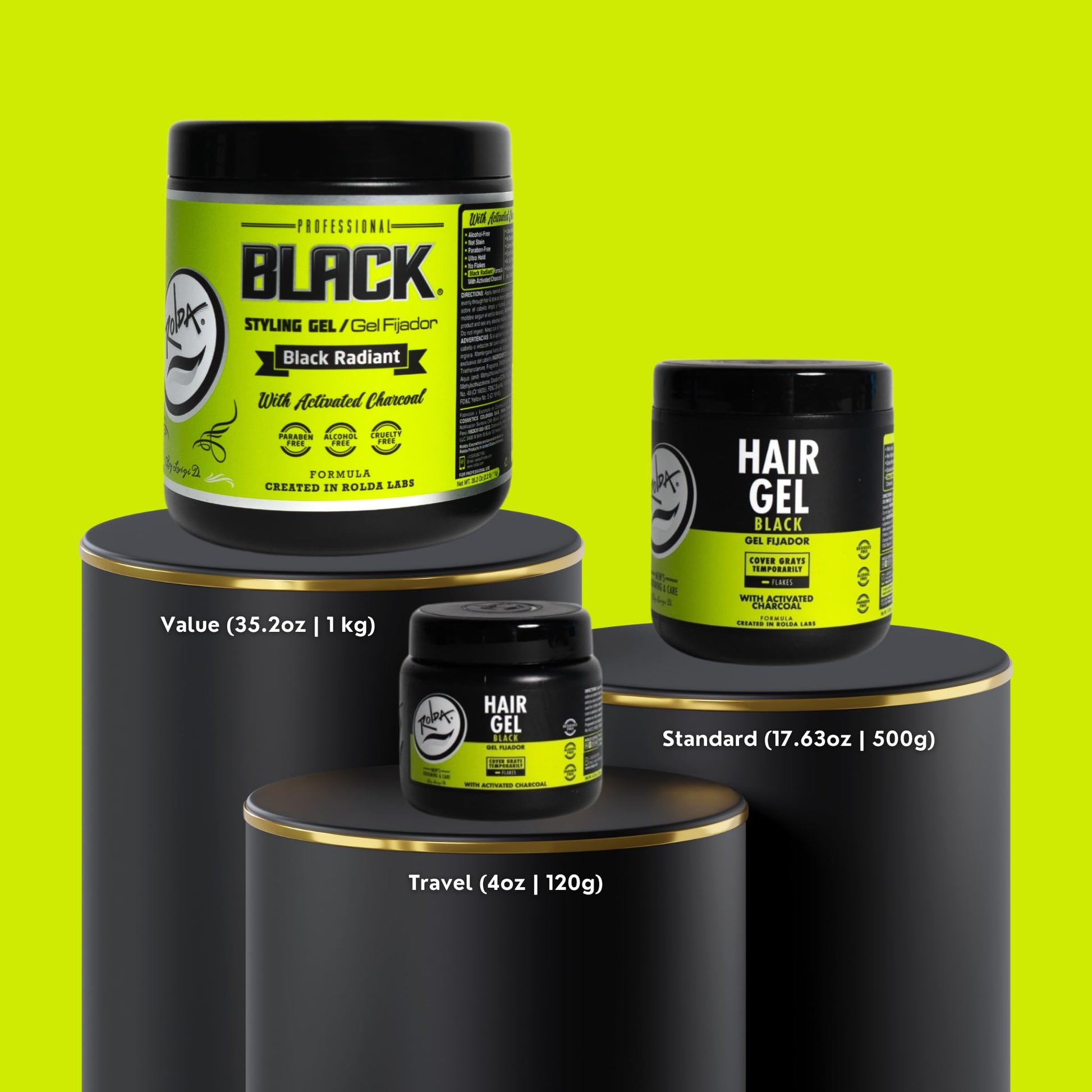 Green Yellow Rolda Black Hair Gel for Men - Medium Hold Styling Gel with Activated Charcoal for Wet Look - Covers Grays & Enhances Black Hair - Flake + Alcohol Free (8.81 oz)