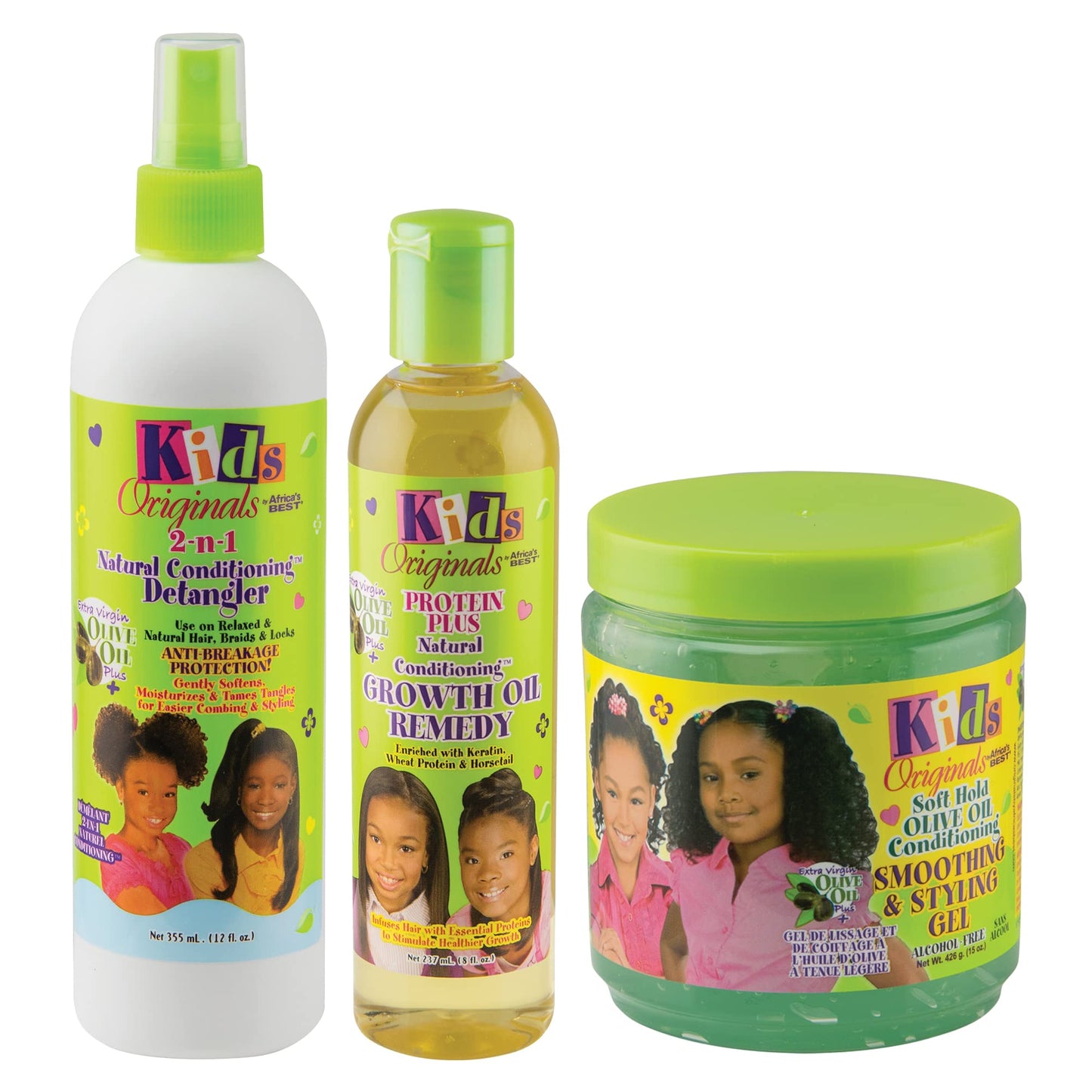 White Smoke Kids Originals by Africa’s Best No More Knots! Hair Care Bundle – Detangler, Growth Oil, and Olive Oil Styling Gel for Hydration & Easy Styling (12 oz, 8 oz, 15 oz)