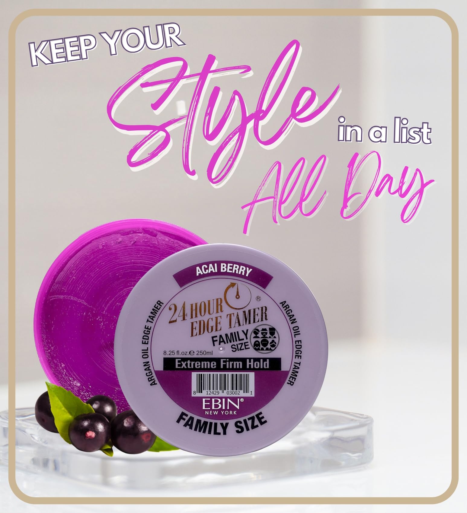 Light Gray 24 Hour Argan Oil Edge Tamer Refresh (8.25oz/ 250ml, Acai Berry) | Extreme Firm Hold, Smooths & Tames Frizz | No Flaking or Drying | High Shine, Long Lasting, All Hair Types, Styling Gel.