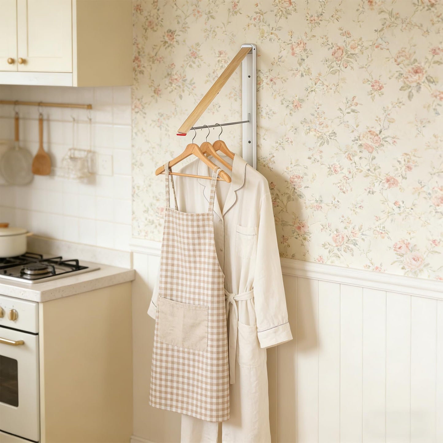 Antique White Kolovbe Clothes Drying Rack Wall Mounted for Laundry, Retractable & Foldable Clothes Hanger, Indoor Outdoor Wall Dryer Rack Organization for Dorm, Closet, Apartment, Balcony, Laundry, Rv, Alcove, Wood
