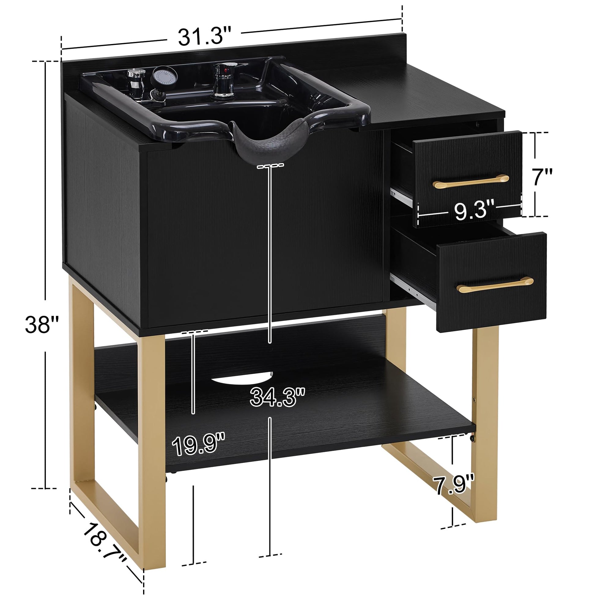White Smoke BarberPub Shampoo Cabinet with Sink, Modern Salon Backwash Station with Bowl, Neck Rest, 2 Drawers, Storage Shelf,Hot & Cold Control 7135 (Black)