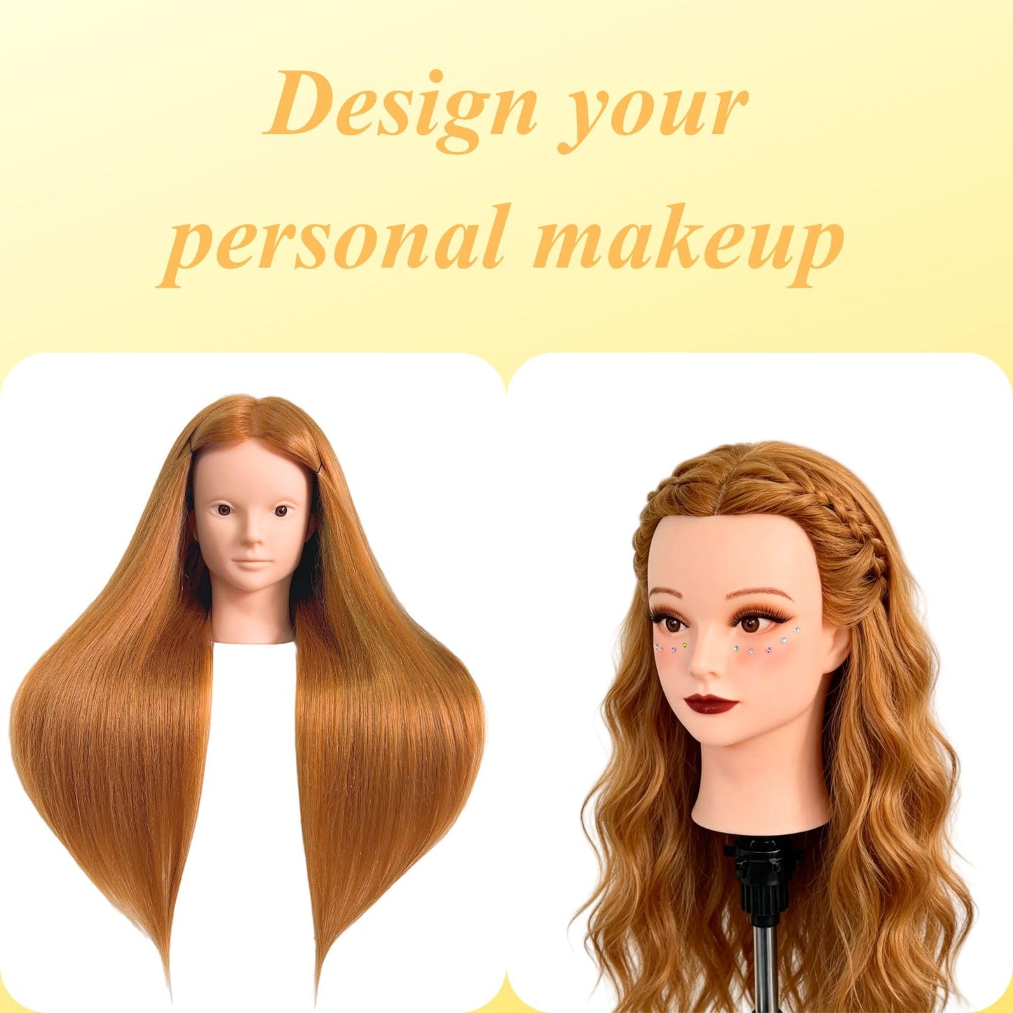 White Smoke Makeup Mannequin Head with 80% Light Auburn Real Hair, Practice Hair Mannequin Head for Hair Styling, 28" Cosmetology Training Doll Head for Kids