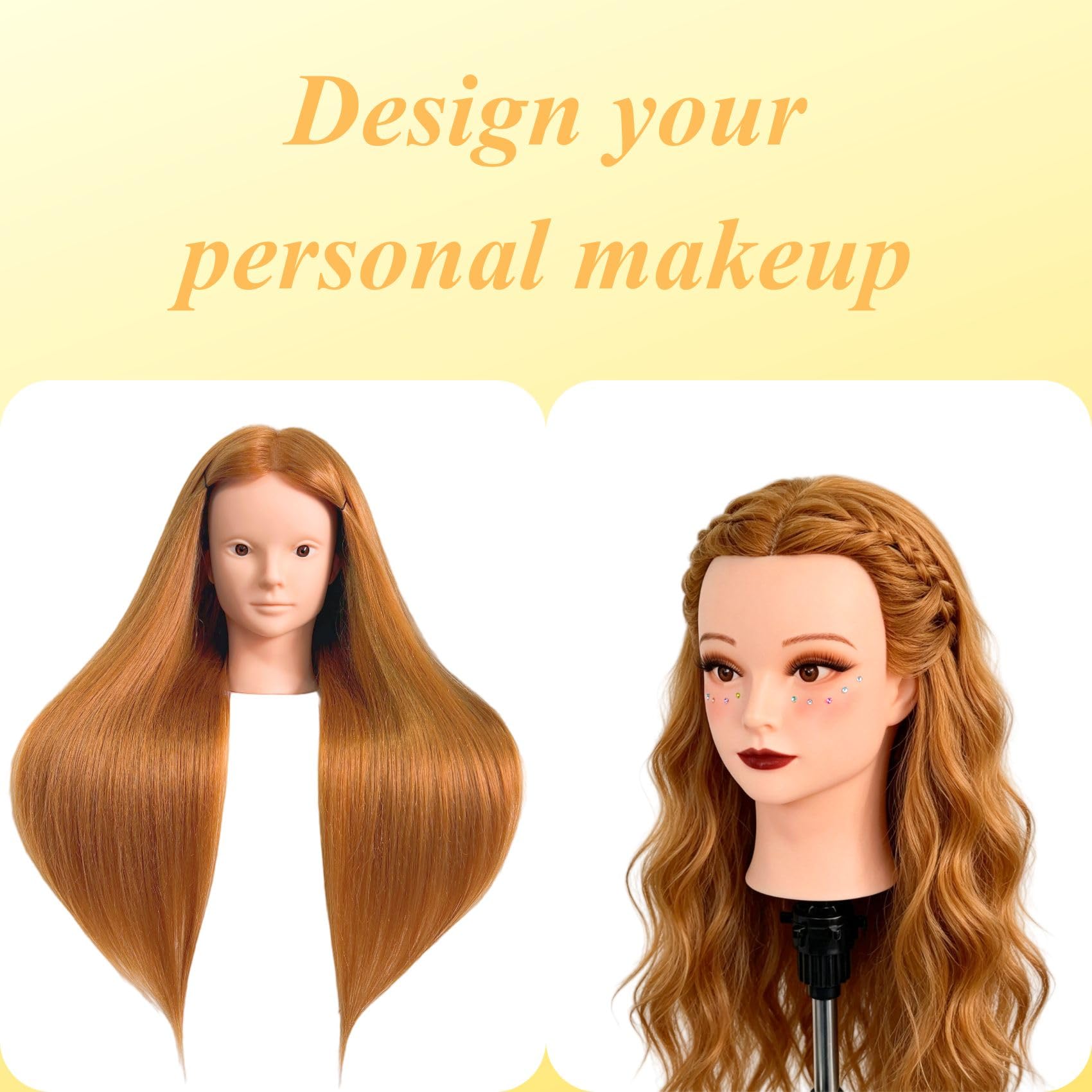 White Smoke Makeup Mannequin Head with 80% Light Auburn Real Hair, Practice Hair Mannequin Head for Hair Styling, 28" Cosmetology Training Doll Head for Kids