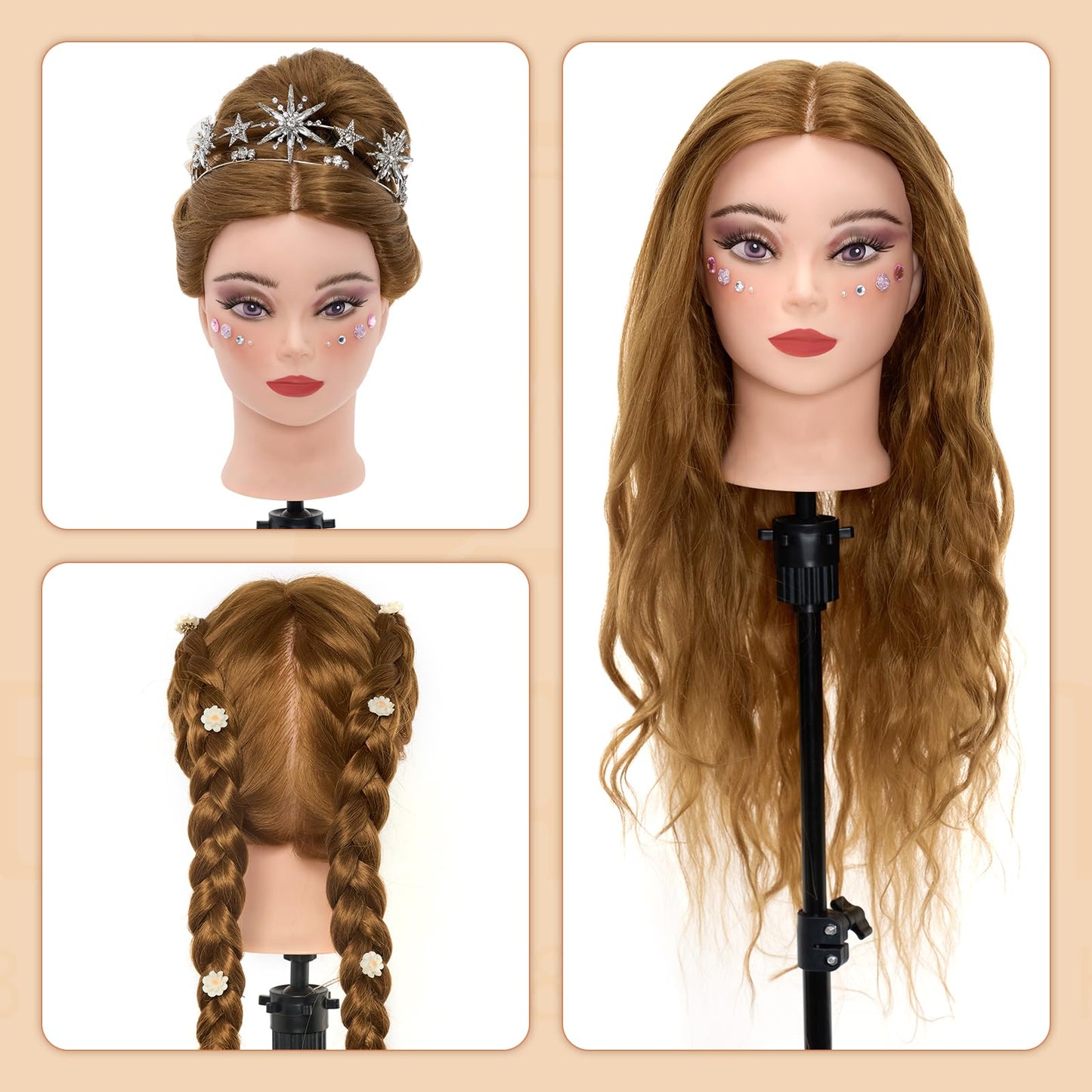 White Smoke Mannequin Head with 80% Real Human hair- 28" Hair Mannequin Heads for Make up, Braiding Hairdressing Doll Head for Styling with Table Clamp + DIY Hair Styling Set
