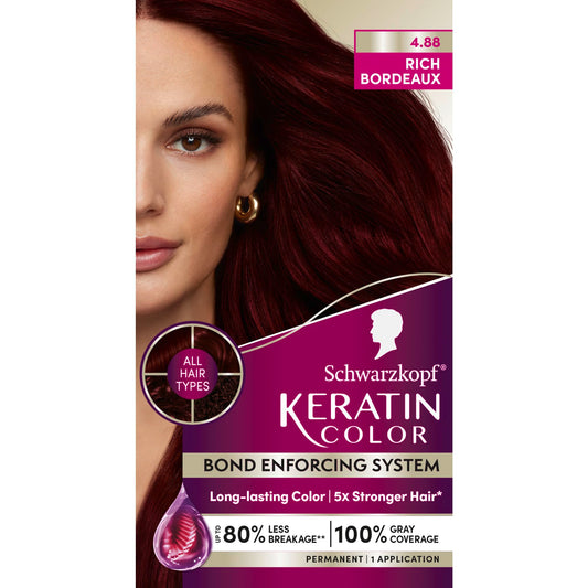 Black Schwarzkopf Keratin Permanent Hair Dye Cream, 4.8 Rich Bordeaux, Professional Quality Color for Up to 100% Gray Coverage, Bond Enforcing System