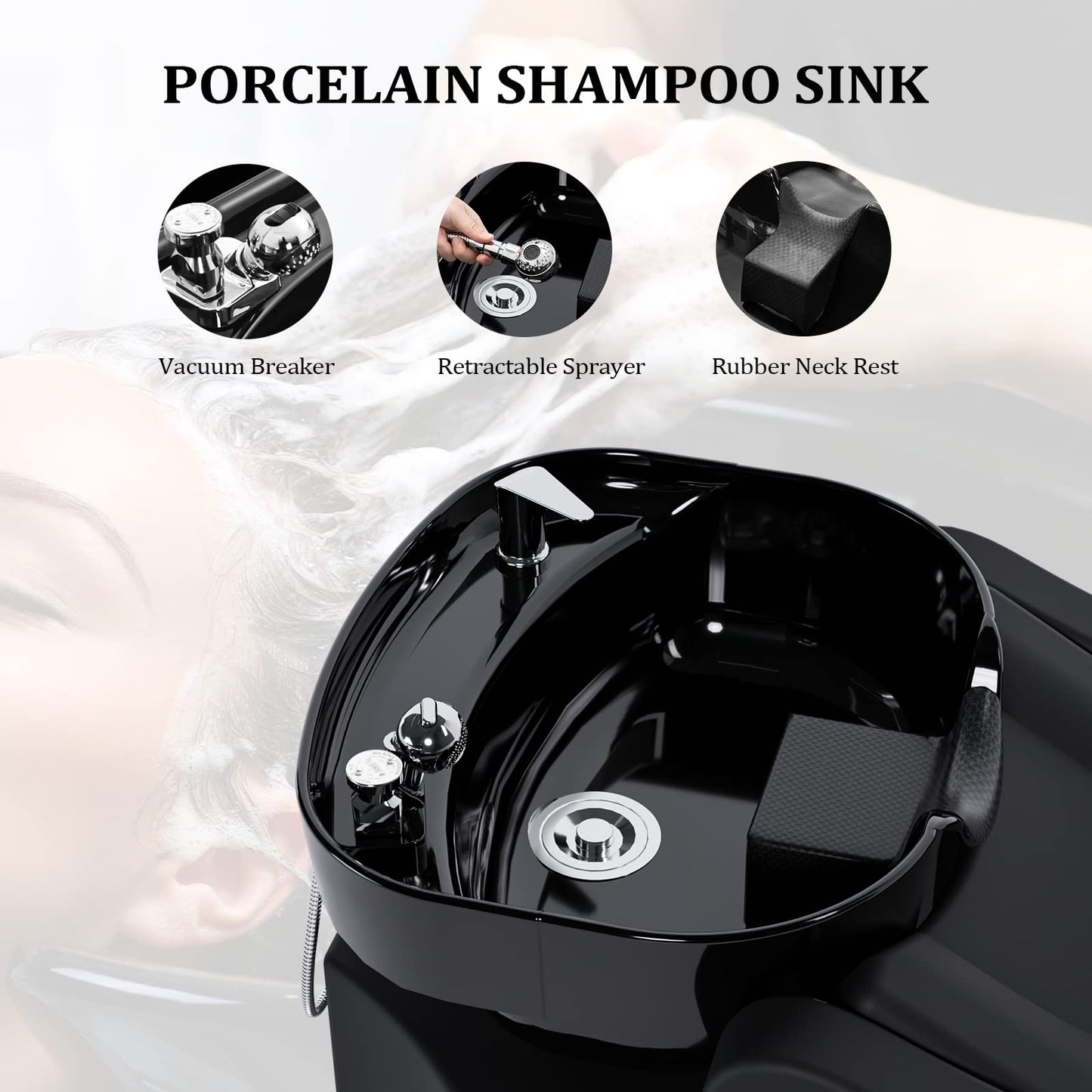 White Smoke OmySalon Shampoo Backwash Unit with Large Porcelain Bowl, Salon Sink Hair Wash Chair Shampoo Station, Barbershop Beauty Spa Massage Hairdressing Equipment