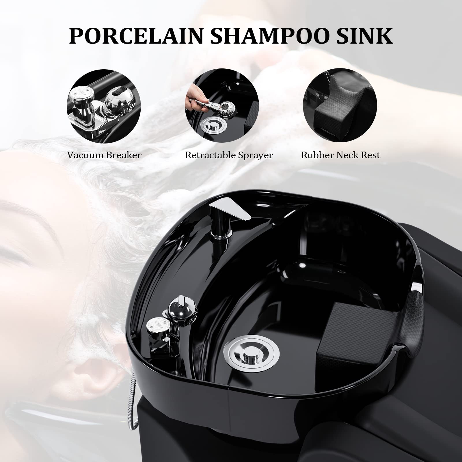 White Smoke OmySalon Shampoo Backwash Unit with Large Porcelain Bowl, Salon Sink Hair Wash Chair Shampoo Station, Barbershop Beauty Spa Massage Hairdressing Equipment