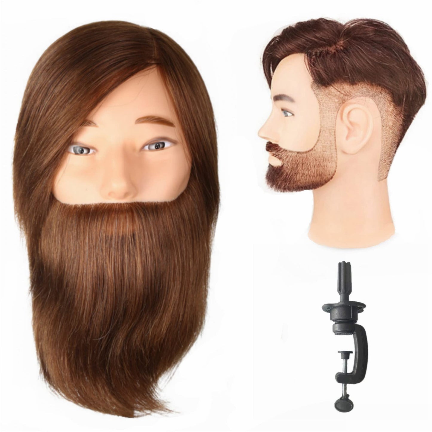 White Smoke Romance Queen Male Mannequin Head With Hair Human Hair Manikin For Men Cosmetology 8inch Straight Beard Manikin Head With Human Hair with Stand Practice Cutting Styling (8inch)