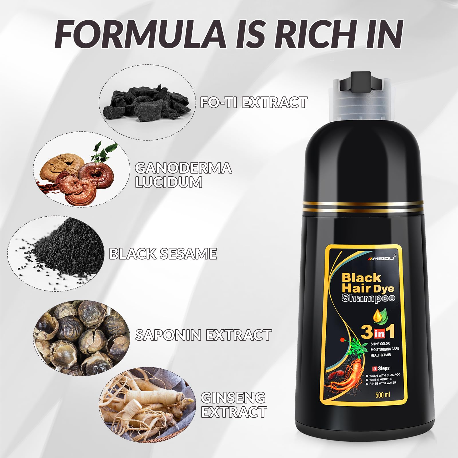 Lavender MEIDU Black Hair Dye Shampoo 3 in 1 for Gray Hair, Black Hair Dye for Women Men, Hair Color for Women Herbal Ingredients Natural (500ml,16.9oz) (Black)