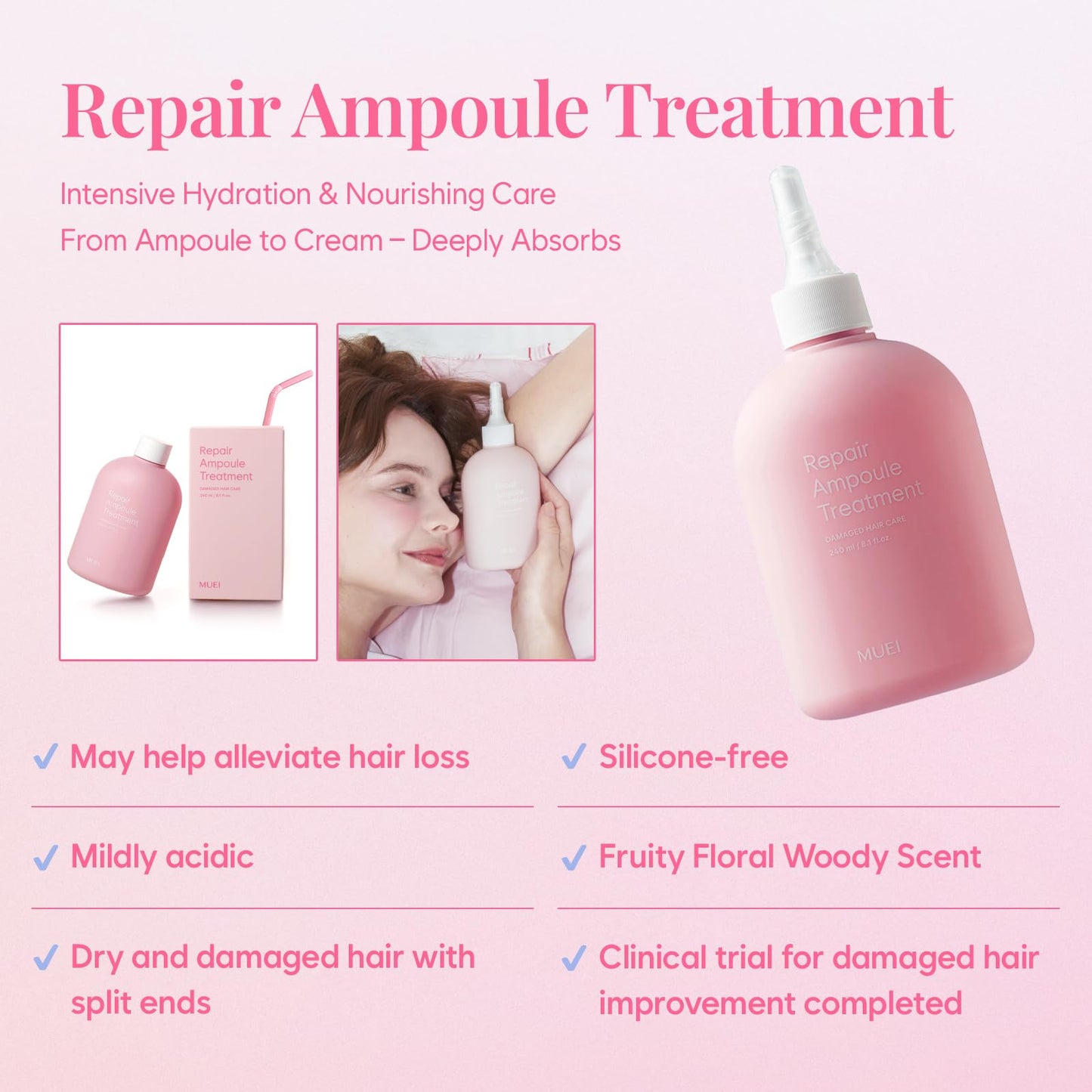 Misty Rose MUEI Repair Ampoule Treatment - Korean Hair care with Self Hair Salon Care for Extremely Damaged Hair - a heat effect | Tangleless hair | probarrier ceramide | Protein | Propolis, 8.11 fl.oz