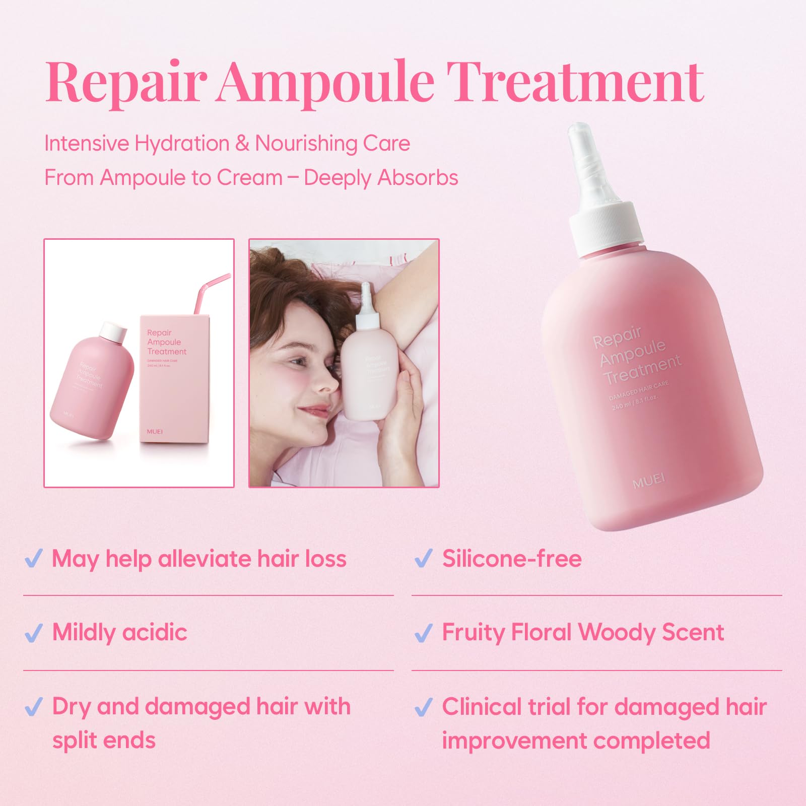 Misty Rose MUEI Repair Ampoule Treatment - Korean Hair care with Self Hair Salon Care for Extremely Damaged Hair - a heat effect | Tangleless hair | probarrier ceramide | Protein | Propolis, 8.11 fl.oz