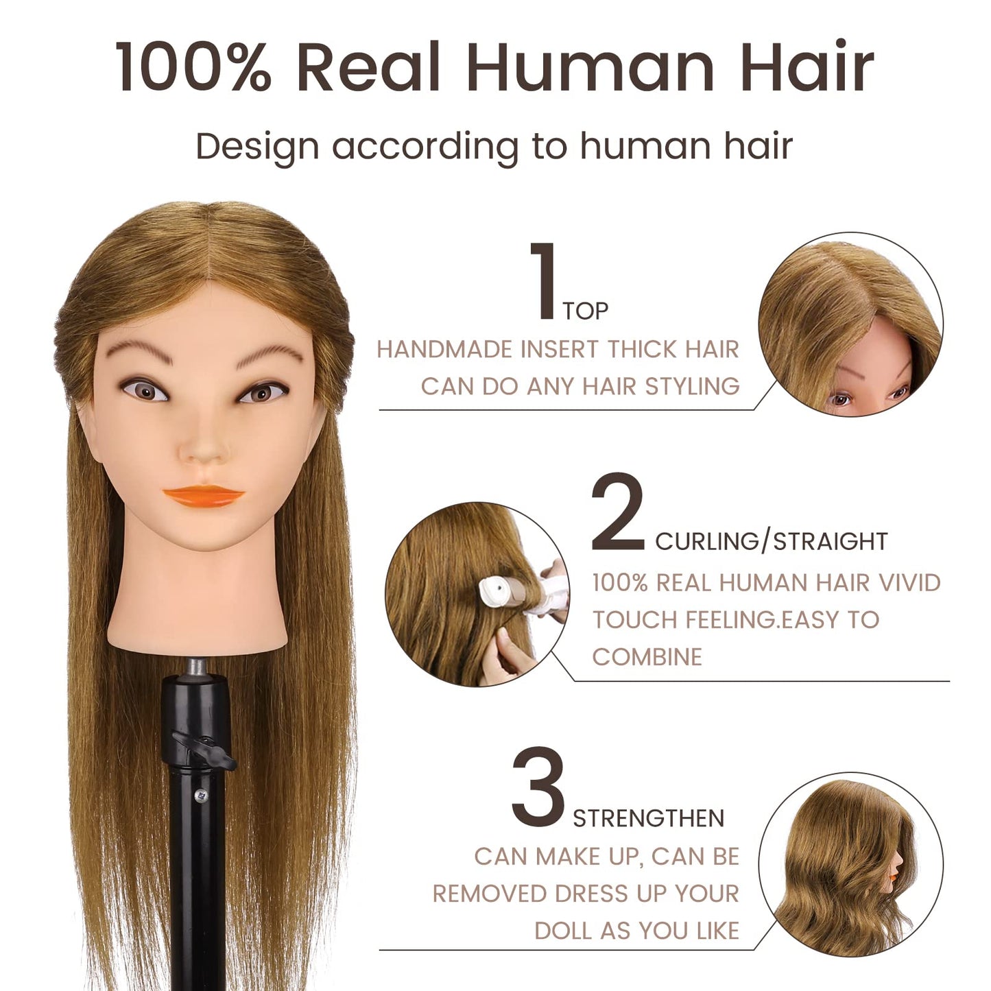 White Smoke Mannequin Head with 100% Real Hair for Cosmetology, CENOZ 18" Light Brown Hairdresser Training Head with Clamp Holder and Tool, Doll Head Mannequin Head for Hair Styling Practice