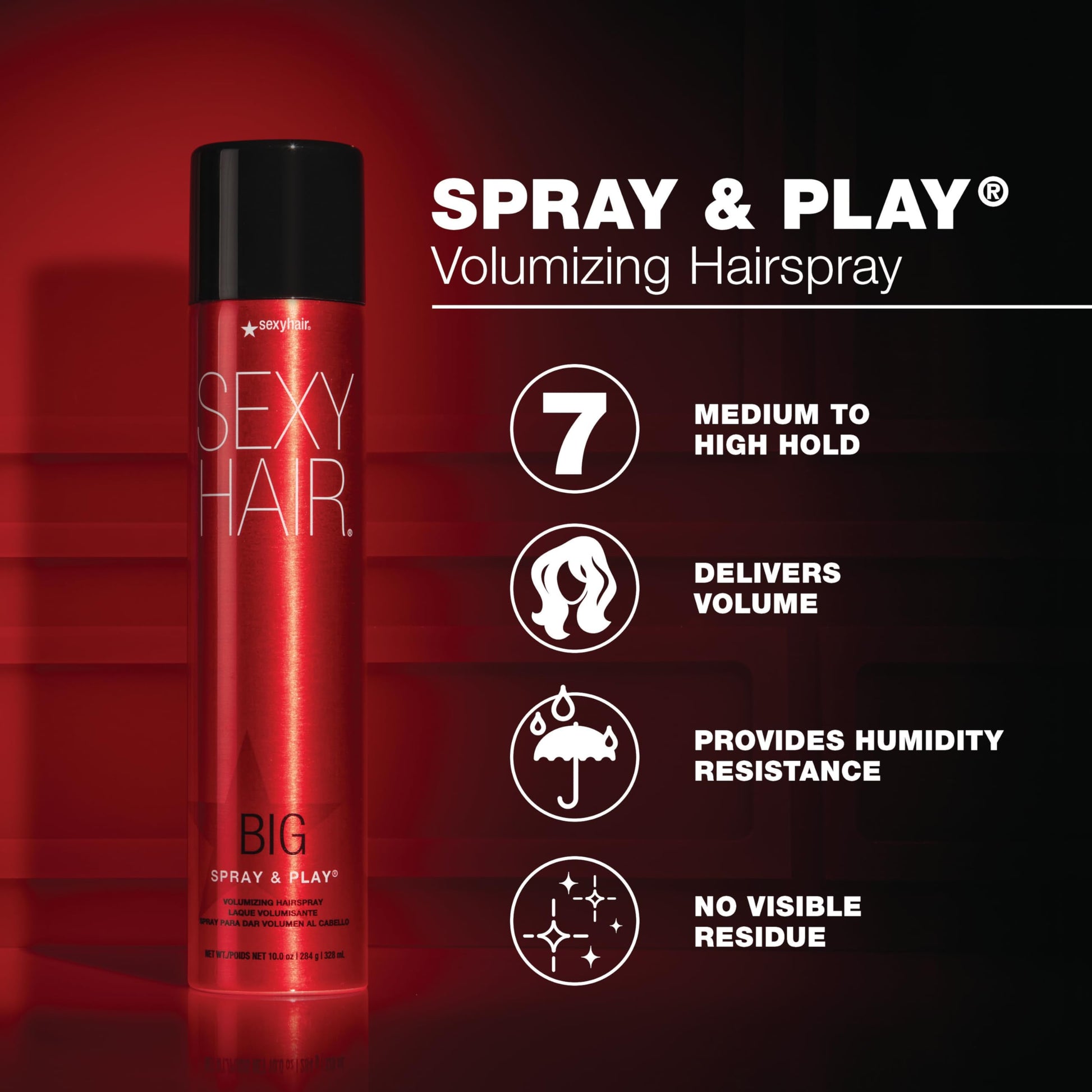 Black SexyHair Big Spray & Play Volumizing Hairspray | Hold and Shine | Up to 72 Hour Humidity Resistance | All Hair Types