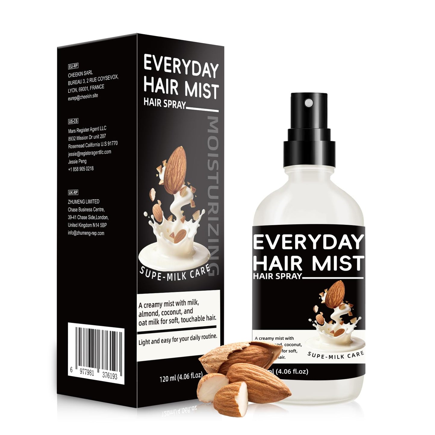 White Smoke Super Almond Milk Leave in Conditioner Spray with Collagen – Detangler & Anti Frizz Hair Treatment for Dry Damaged Hair, Helps Reduce Split Ends & Flyaways, Improves Softness & Shine, 4 fl oz (120mL)
