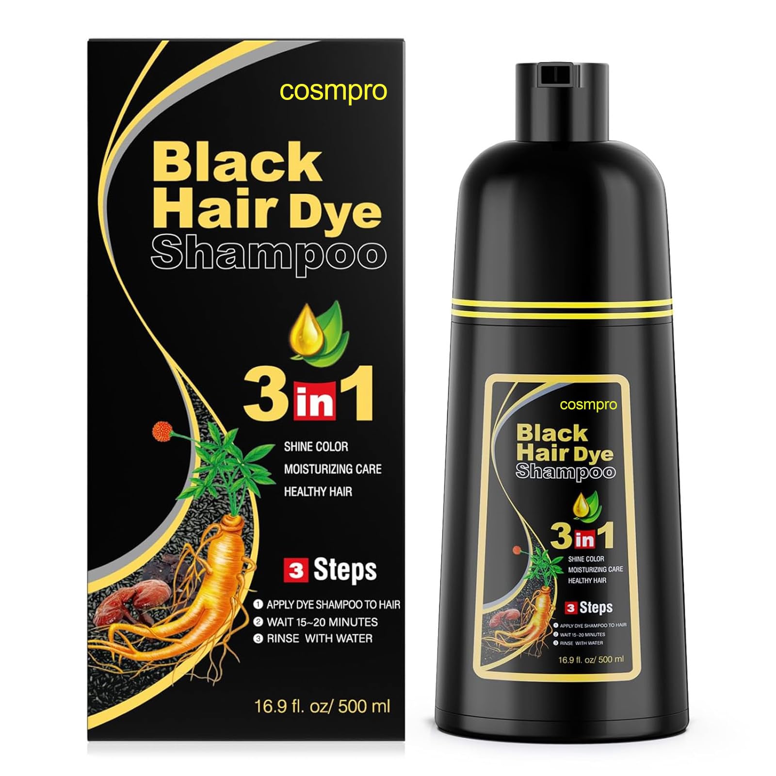 Black cosmpro Black Hair Dye Shampoo 3 in 1 for Women/Men for Gray Coverage Instant Hair Color Shampoo Semi Permanent Champu Para Cana