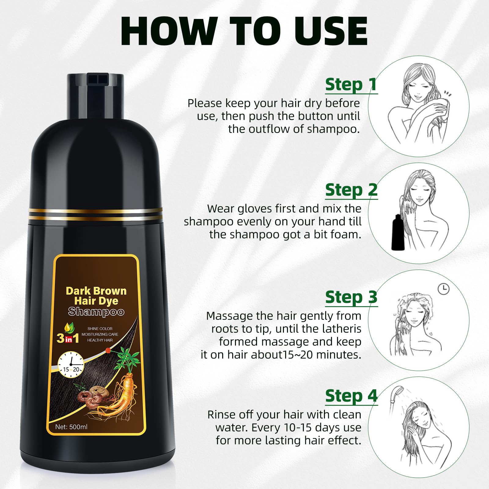 White Smoke Dark Brown Hair Dye Shampoo 3 in 1 for Gray Coverage for Women/Men, Color Shampoo Instant Herbal Ingredients Semi Permanent