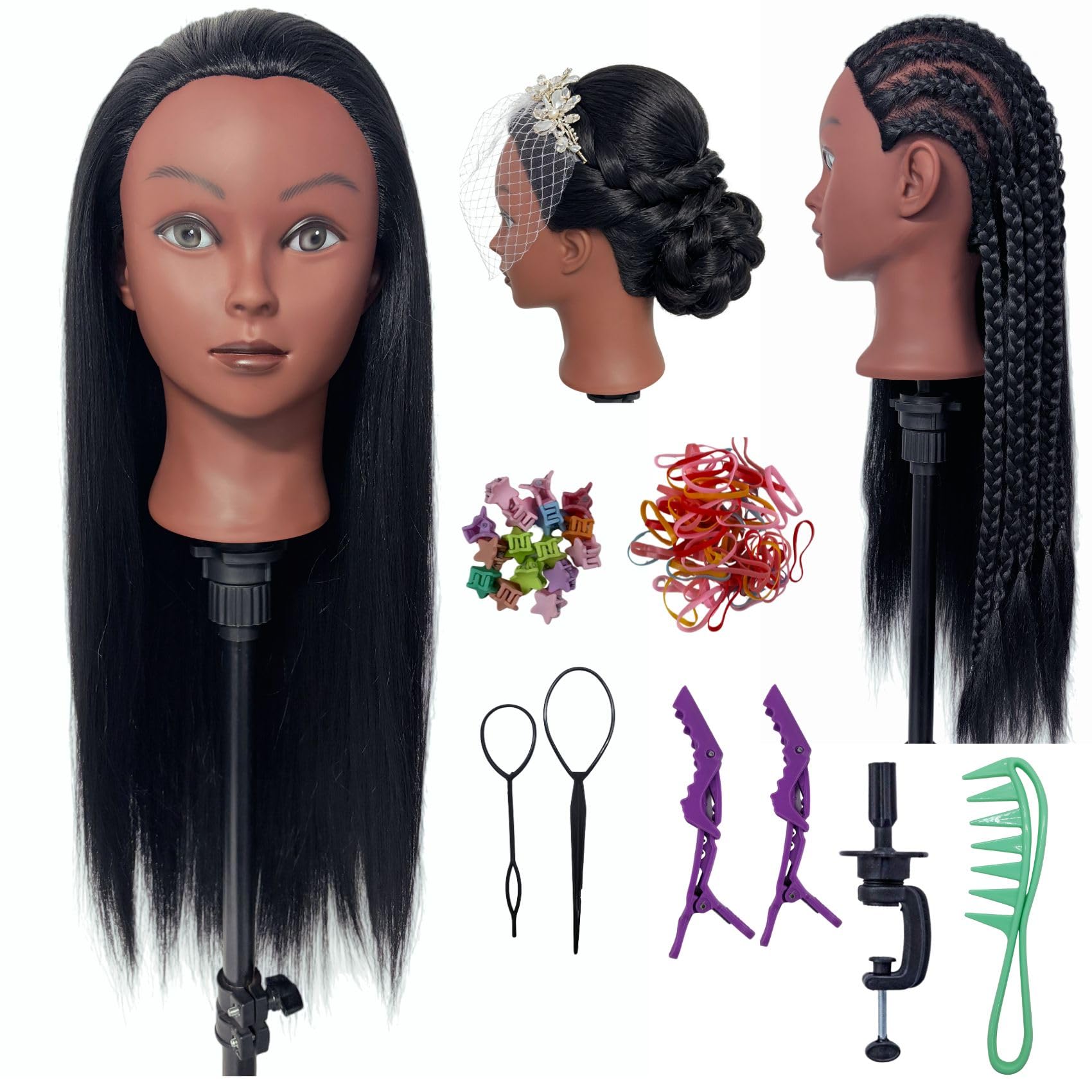 White Smoke 26-28“ Hair Mannequin Head for Beginners Braiding Hair Styling Practice, Manikin Updo's Training Doll Head for kids with Stand
