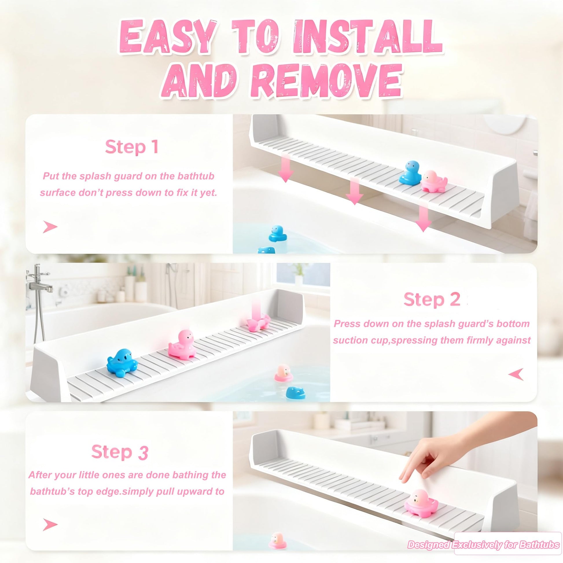 White Smoke Longer Bath Tub Splash Guard for Kids,Silicone Bath Toy Holder for Bathtub,Prevent Water Spills in Bathroom,Fun-Filled Bath Time for Toddlers Including Bath Brush and Toy Storage Bag (Grey)