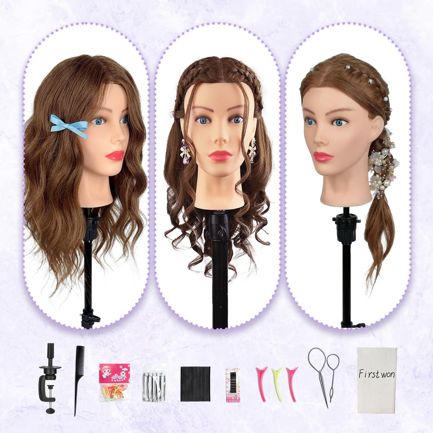 White Smoke Mannequin Head Human Hair - Cosmetology Manikin Doll Head with 100% Real Hair for Hairdresser Practice Styling Braiding & Free Clamp Holder (Dark Brown)