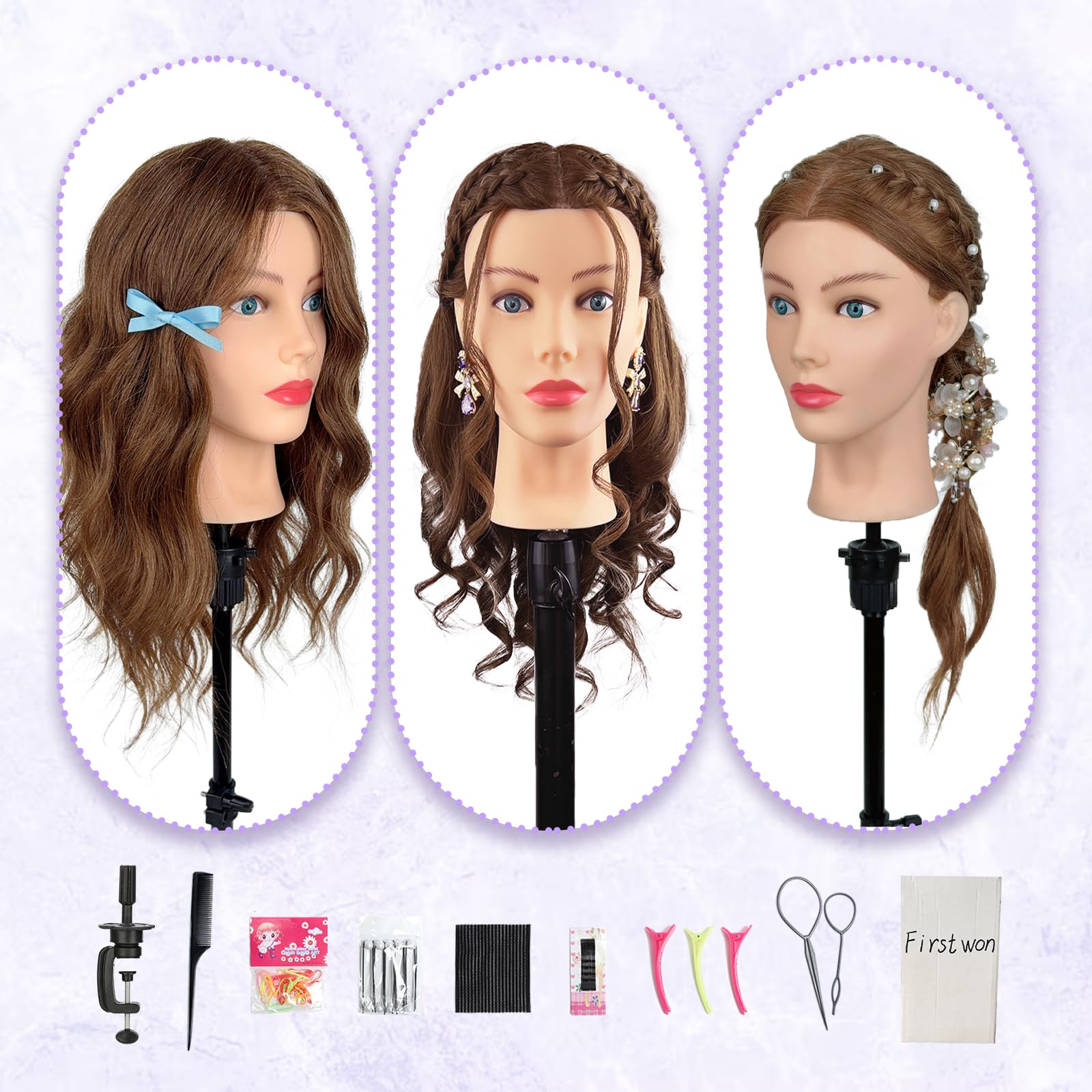 White Smoke Mannequin Head Human Hair - Cosmetology Manikin Doll Head with 100% Real Hair for Hairdresser Practice Styling Braiding & Free Clamp Holder (Dark Brown)