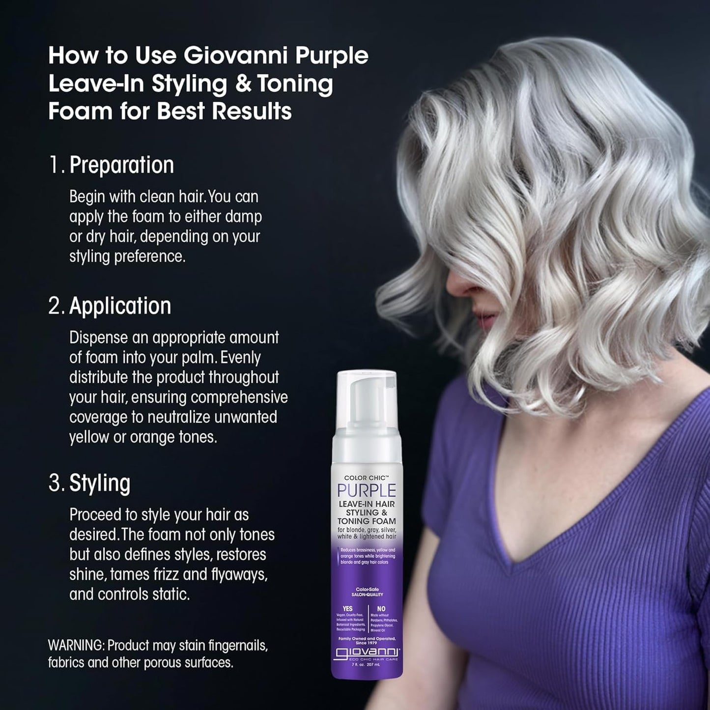 Black GIOVANNI Color Chic Purple Leave-In Hair Styling & Toning Foam - Purple Foam for Blonde, Gray, Brassy, Fine Hair, Gives Volume & Shine for Women & Men - 7 fl oz (Pack of 1)