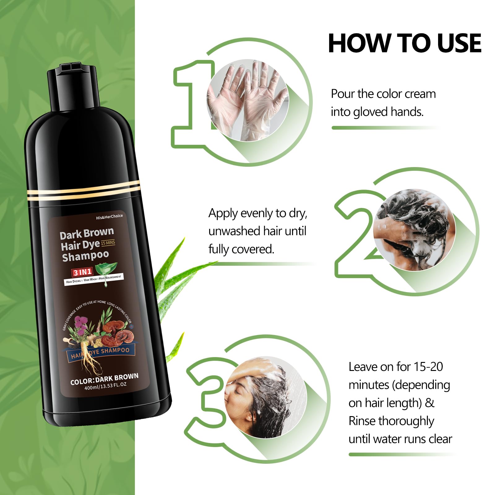 White Smoke HIS&HERCHOICE Dark Brown Hair Dye Shampoo, 3-in-1 Hair Color for Gray Coverage, Ammonia and Paraben Free with 6 Natural Herbal Ingredients, Semi-Permanent Color Shampoo for Women and Men