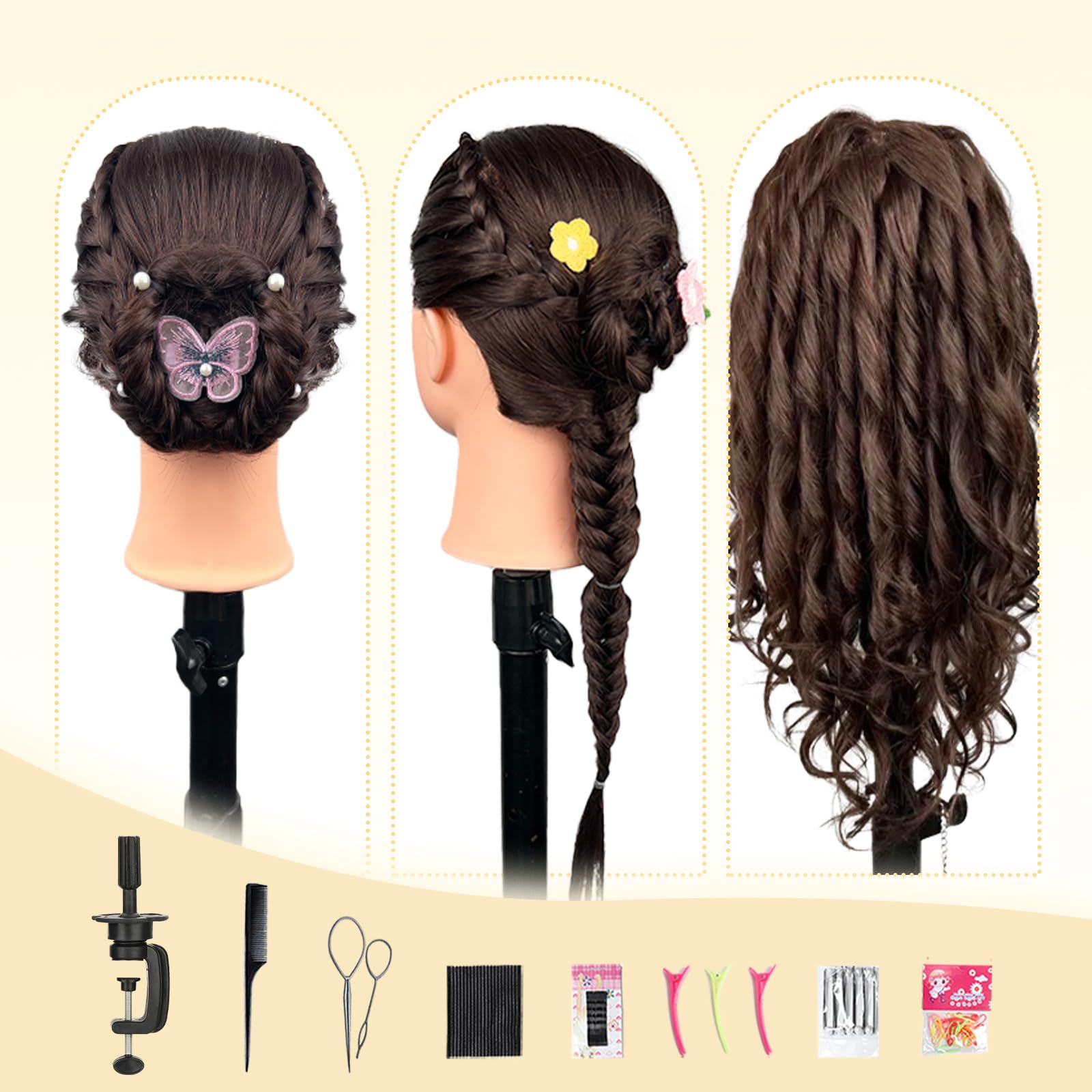 White Smoke 22" MQHIHI Mannequin Head Human Hair Cosmetology Manikin Doll Head with 80% Real Hair for Hairdresser Practice Cutting Braiding Hair Styling with Clamp Holder and Tools (Dark Brown)