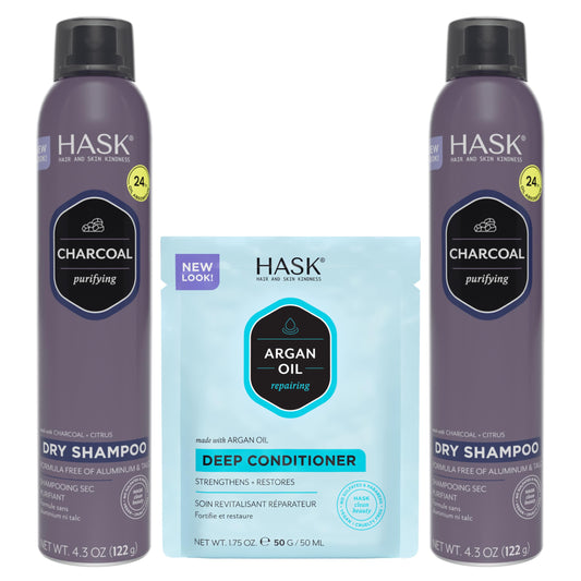 White Smoke HASK Charcoal Clarifying Dry Shampoo Duo (4.3oz-Qty 2) & Argan Oil Repairing Deep Conditioner Packette, Aluminum-Free, Sulfate-Free, Paraben-Free, Color Safe, for All Hair Types