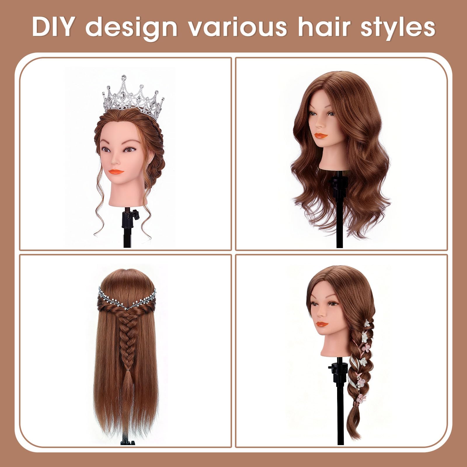 White Smoke Mannequin Head with 100% Human Hair, TopDirect Real Hair Cosmetology Mannequin Head Hair Styling Hairdressing Practice Training Doll Head with Clamp Holder and Tools (Dark Brown)