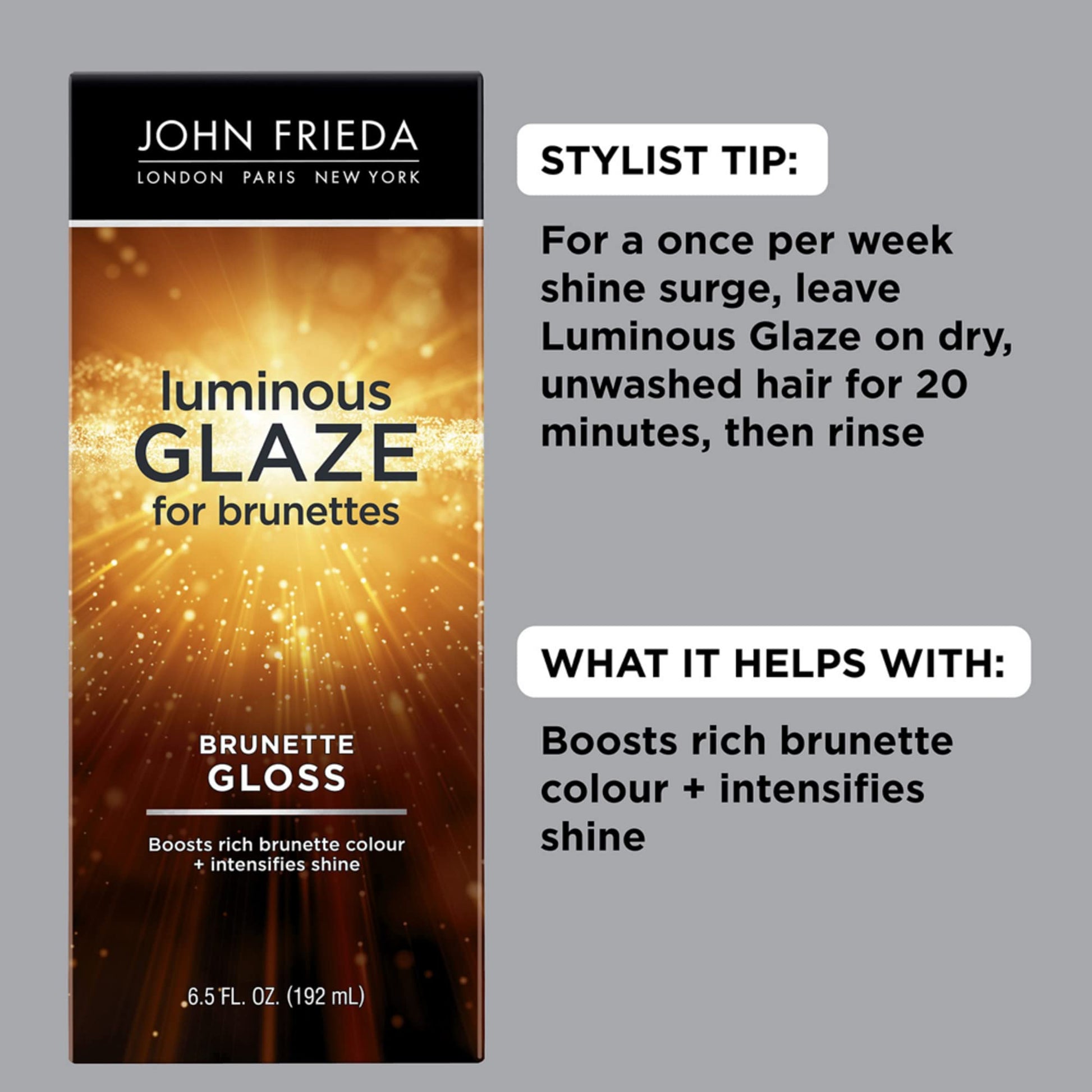 Dark Gray John Frieda Brilliant Brunette Luminous Glaze, Hair Gloss Enhances Rich Color and Boosts Shine for Silky Brunette Hair, Enhances While Mending Damaged Hair Surfaces, 6.5 Oz