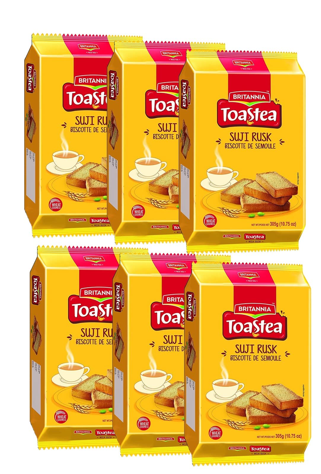 Gold BRITANNIA Toastea Suji Rusk 10.75oz (305g) - Biscotte De Semoule - Crispy Tea Time Snack - Crispy Crunchy Toast - Halal and Suitable for Vegetarians (Pack of 6)