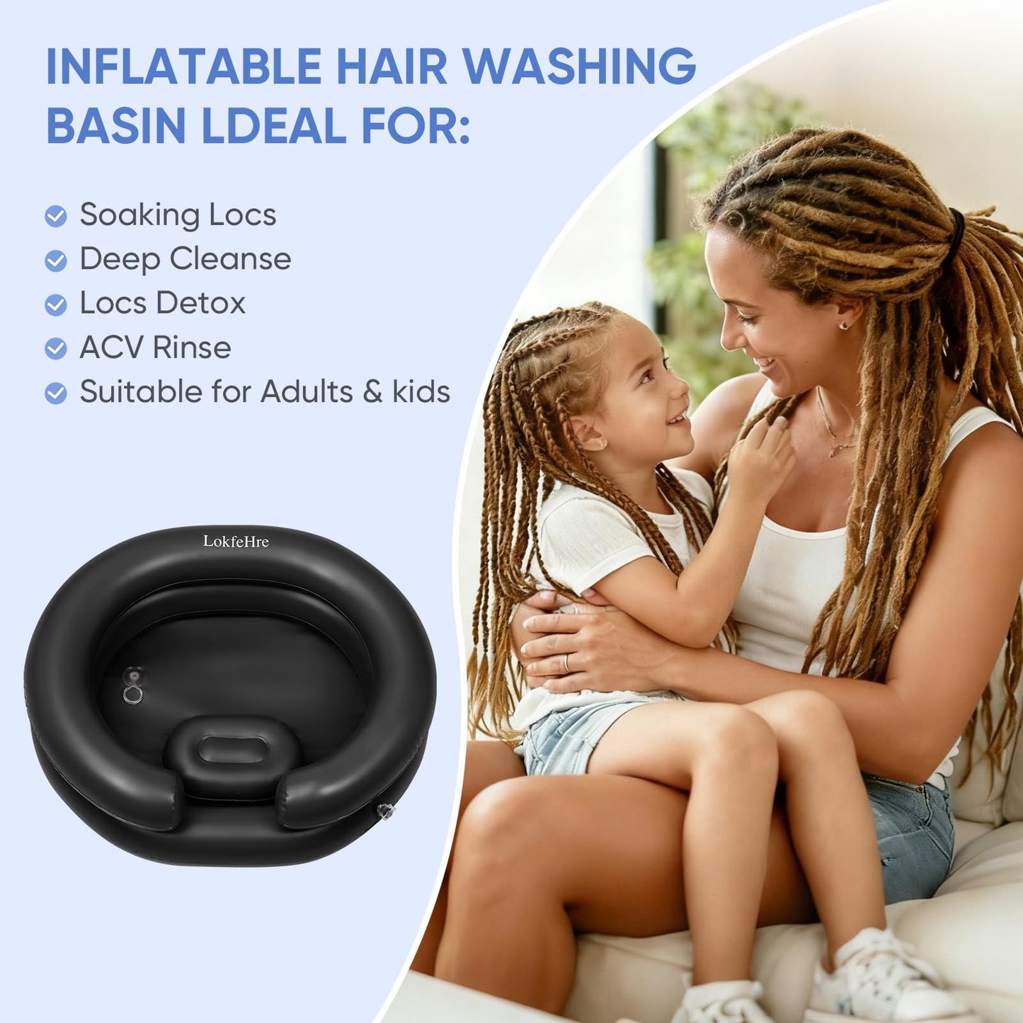 Lavender Black Inflatable Shampoo Basin, Stain Resistant Ergonomic Neck Support Hair Washing Bowl for Bedridden Elderly Disabled, Portable Leakproof PVC Sink with Drain Hose for Home Care Locs Detox