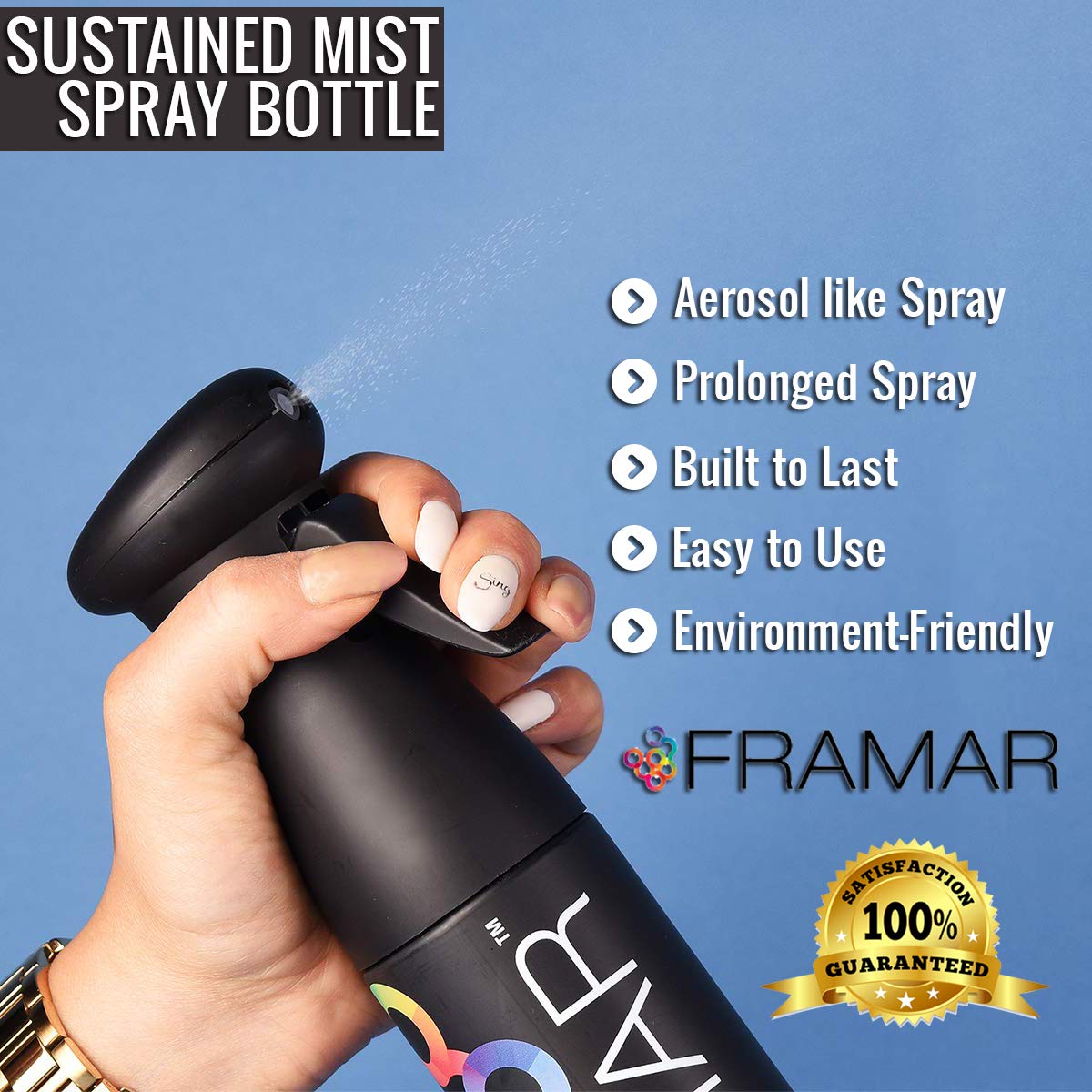Cornflower Blue FRAMAR Premium Hair Mister Spray Bottle – Continuous Spray Bottle For Hair, Water Sprayer, Continuous Mister for Salon Supplies – Ultra Fine Mist – Black 250 ml