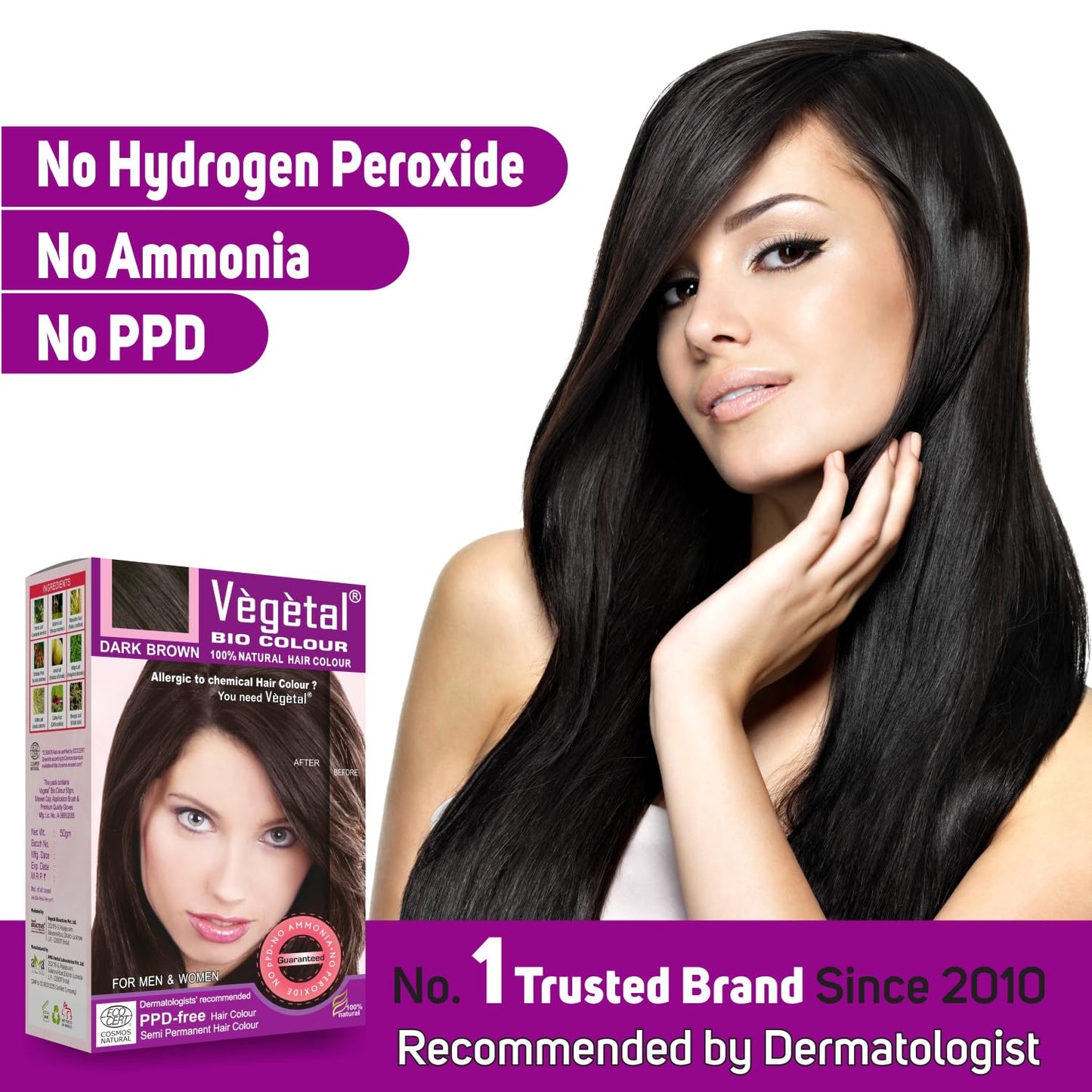 White Smoke Vegetal Bio Colour Dark Brown 150g, 100% Herbal and Organic Hair Color, Ammonia-Free, PPD-Free, Semi-Permanent Dye for Men and Women, Protects UV and Maintains Luster, Complete Kit Included