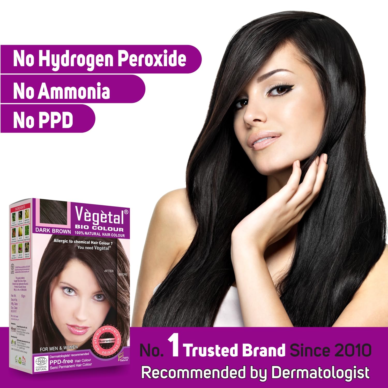 White Smoke Vegetal Bio Colour Dark Brown 150g, 100% Herbal and Organic Hair Color, Ammonia-Free, PPD-Free, Semi-Permanent Dye for Men and Women, Protects UV and Maintains Luster, Complete Kit Included