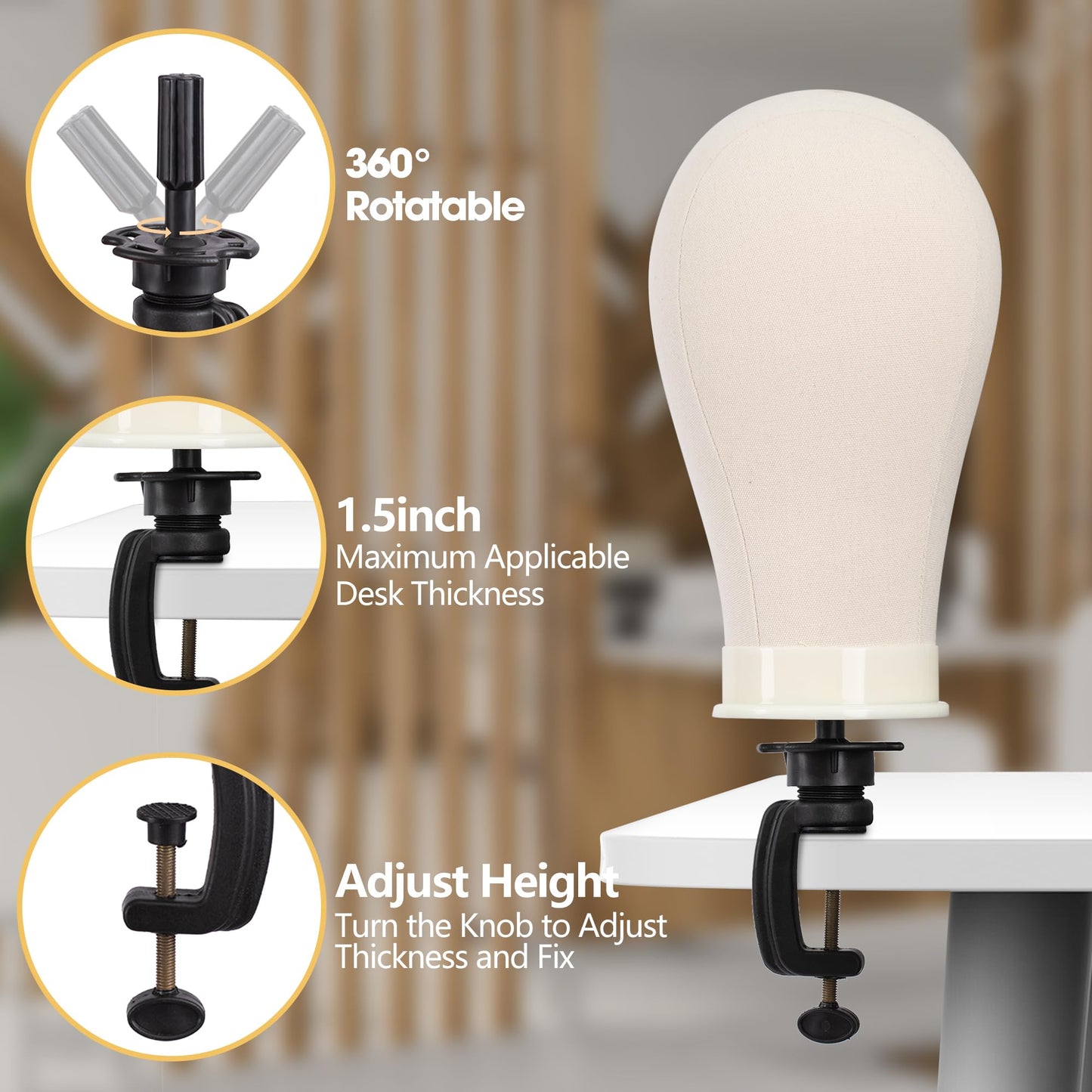 White Smoke Klvied Wig Mannequin Stand for Desktop, Dual-use 22 Inch Canvas Wig Head Display, Adjustable Clamp Wig Holder, Manikin Head Stand Set for Cosmetology Hairdressing Training with Carrying Case
