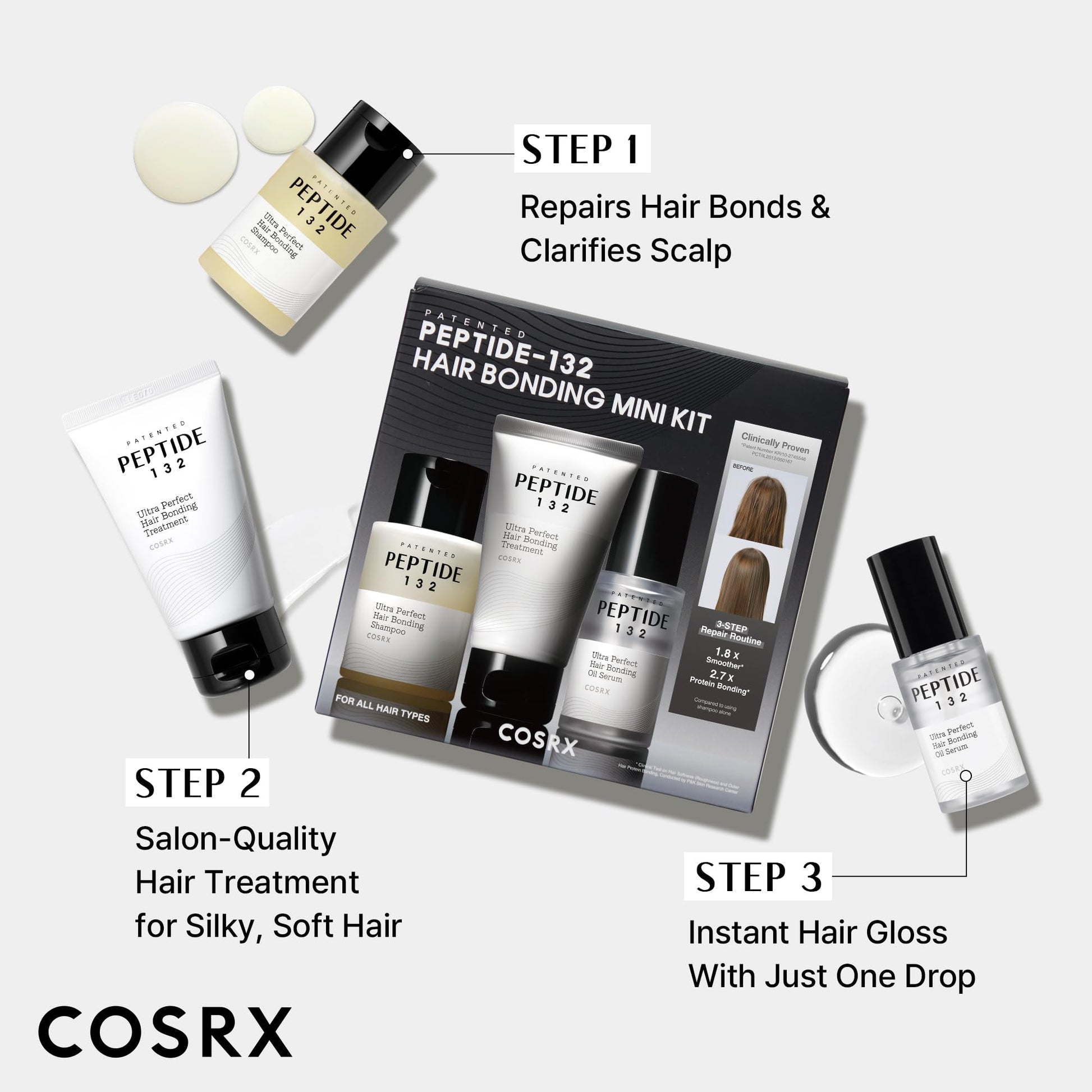 Lavender COSRX PEPTIDE-132 Hair Bonding Mini Kit – Travel-Size Shampoo & Treatment + Full-Size Oil Serum, Keratin Treatment Hair Gift Set for Damaged, Dry Hair, Scalp Treatment for Dandruff, Dry & Itchy Scalp