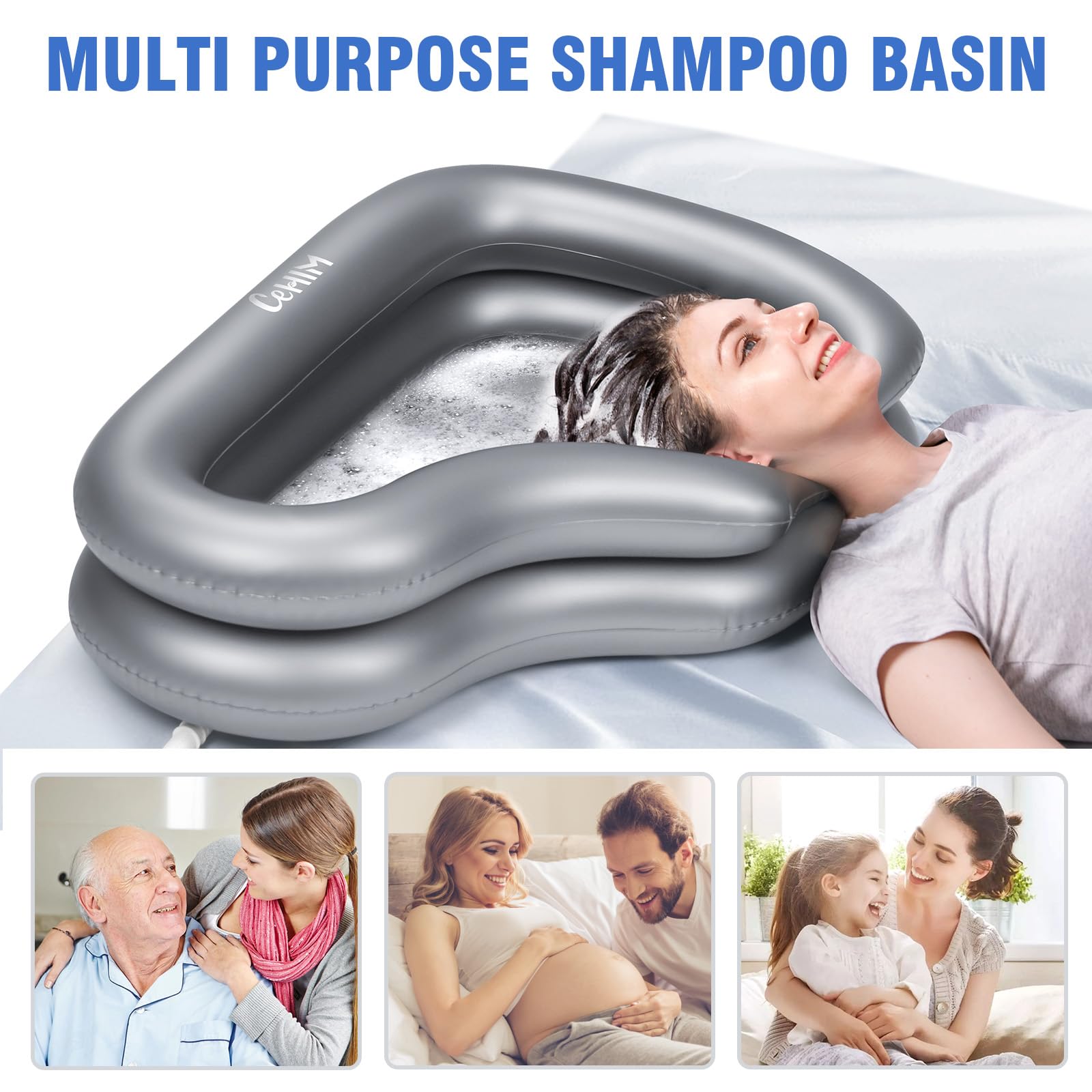 White Smoke Inflatable Portable Shampoo Bowl, Hair Washing Bowl with Drain Hose & Neck Support, PVC Inflatable Shampoo Bowl for Bedridden Patients, Disabled, Seniors, Kids, Home Care