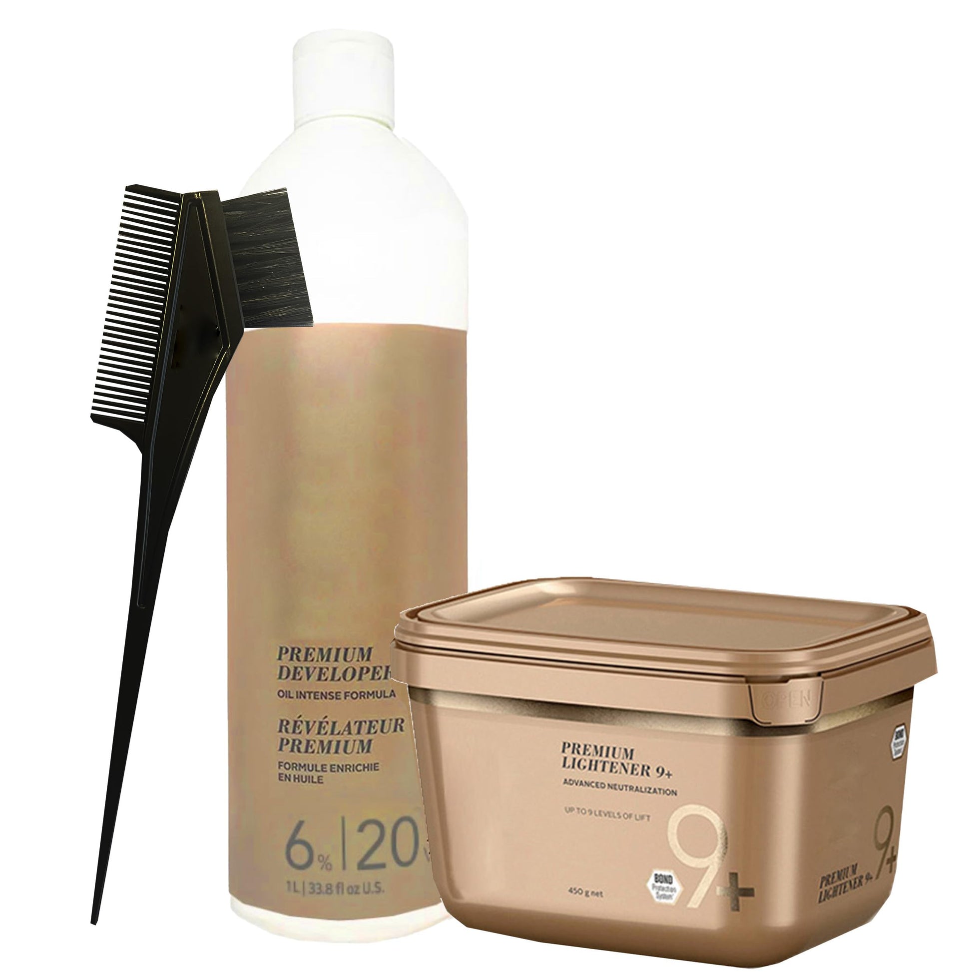 White Smoke Blonde Me Lightener 9+ Bleach 450 grams, BlondeMe Developer 6% / 20 Volume 1 Liter and M Hair Designs Tint Brush Comb (Bundle)
