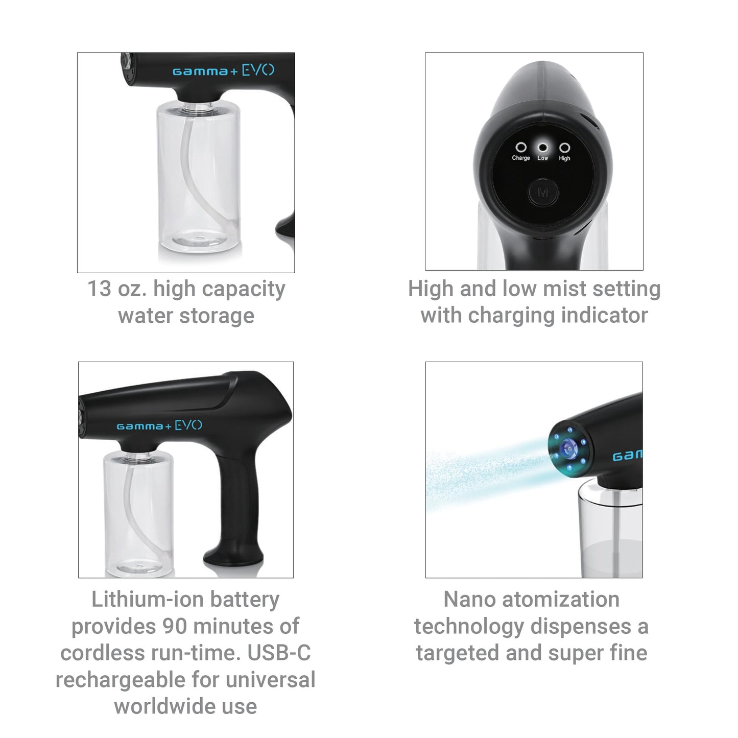 White Smoke GAMMA+ Evo Nano Mister Cordless Portable Water Sprayer, Disinfect Mist, USB-C Rechargeable for Barber, Salon, Home Use, Black