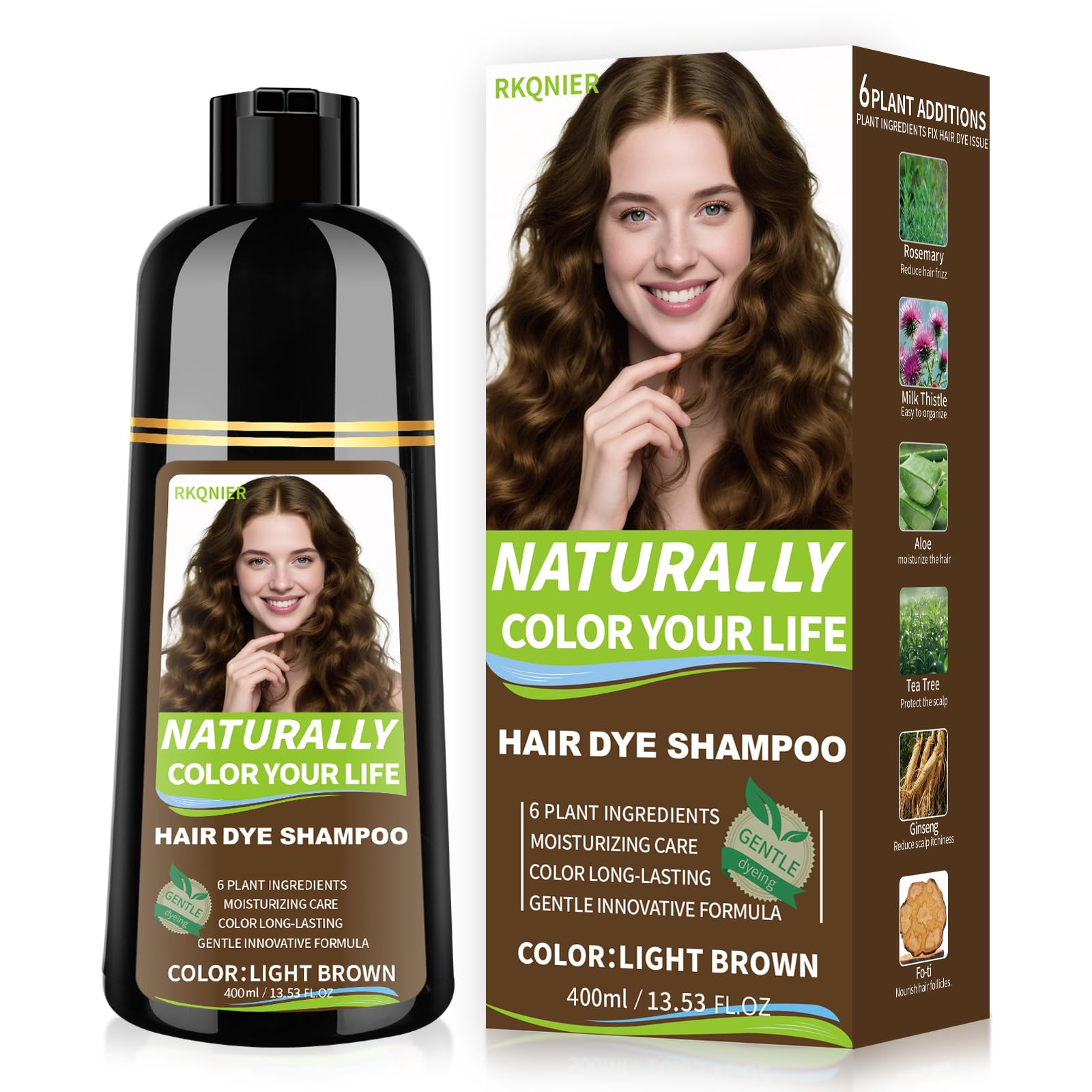 White Smoke RKQNIER Light Brown Hair Dye Shampoo for Women & Men, 15 Min Gray Coverage, 3 in 1 Semi-Permanent Color with Natural Herbal Ingredients, Lasts 60 Days