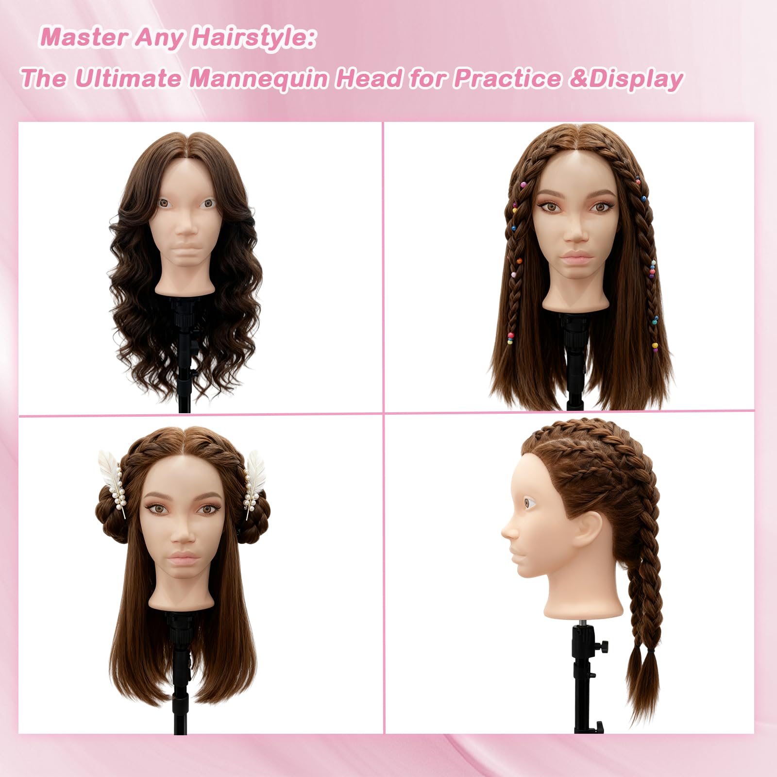 White Smoke Mannequin Head with 80% Real Human Hair, Beauty star 26" Cosmetology Manikin Head, Doll Head for Hair Styling to Practice on, Hairdressing Training Braiding Heads with Clamp Stand Holder Kit