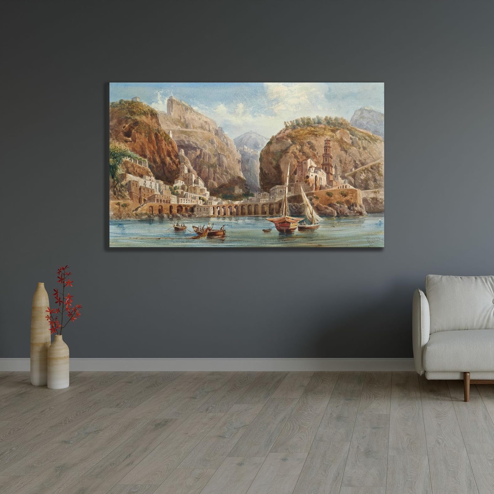 Dark Slate Gray ArtDirect Fishing at Atrani on the Amalfi coast Custom Framed Art Print Giclee Print or Canvas Options with Various Sizes and Customization by Giovanni Lanza