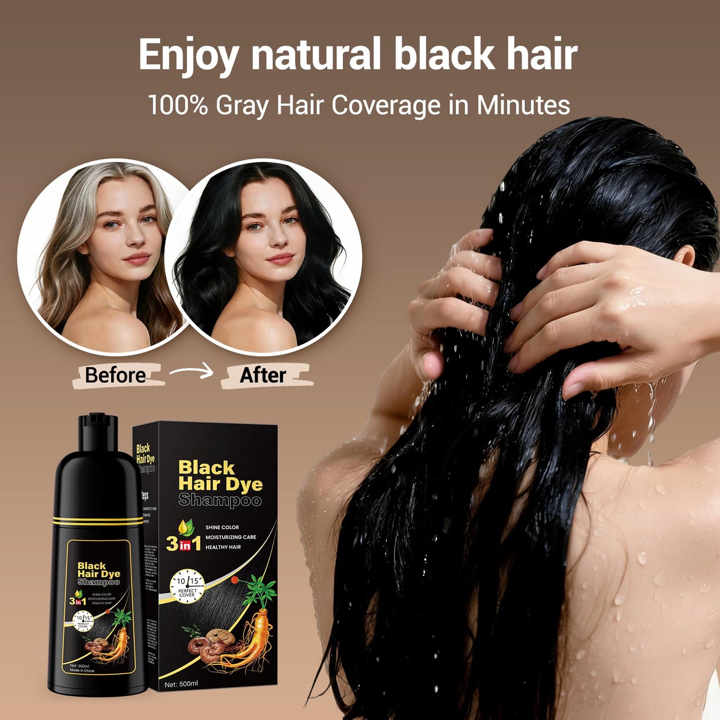 Black IIIMEIDU Hair Dye Shampoo for Gray Hair Coverage, 3 in 1 Natural Black Dye for Women Men, 500ml