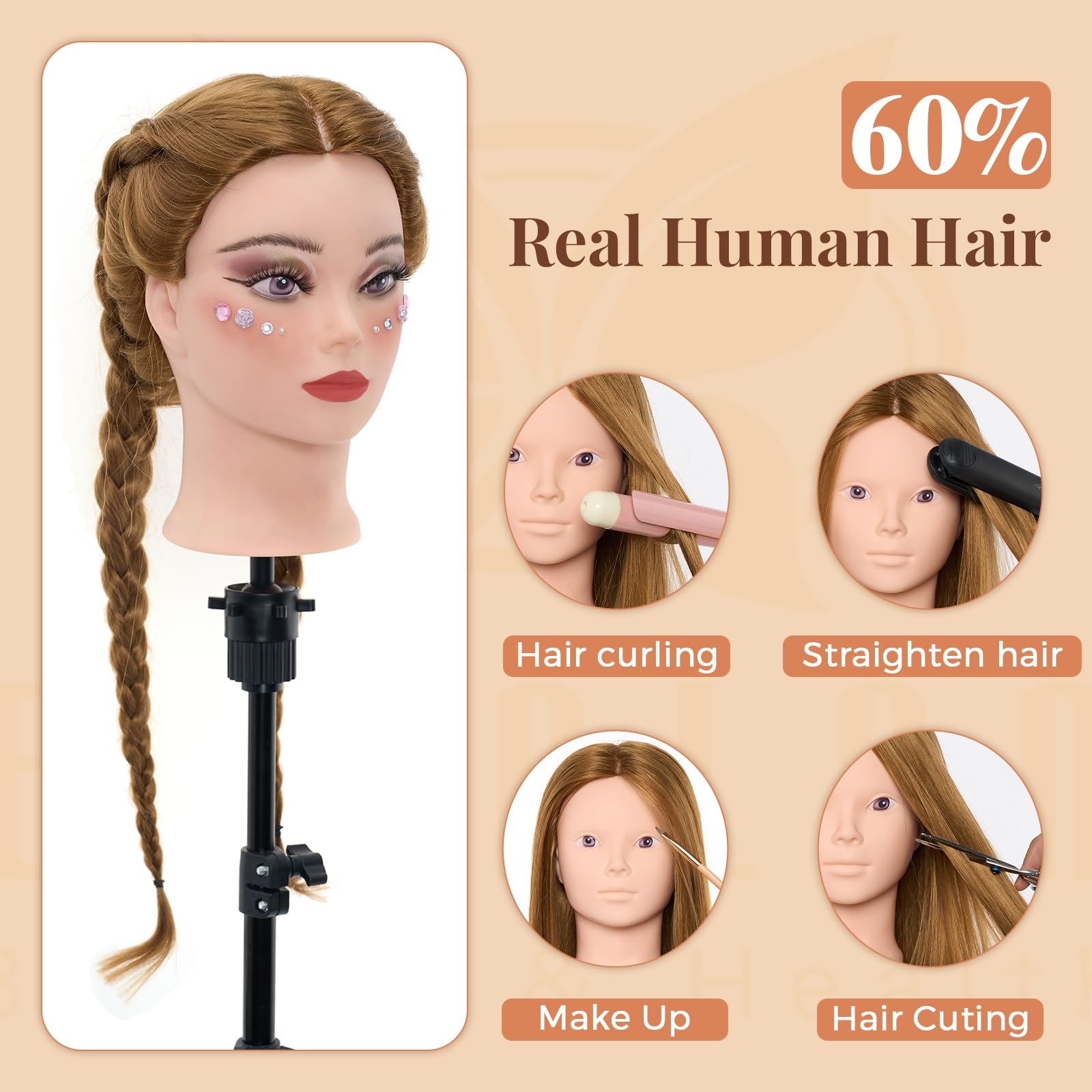White Smoke Mannequin Head with 80% Real Human hair- 28" Hair Mannequin Heads for Make up, Braiding Hairdressing Doll Head for Styling with Table Clamp + DIY Hair Styling Set